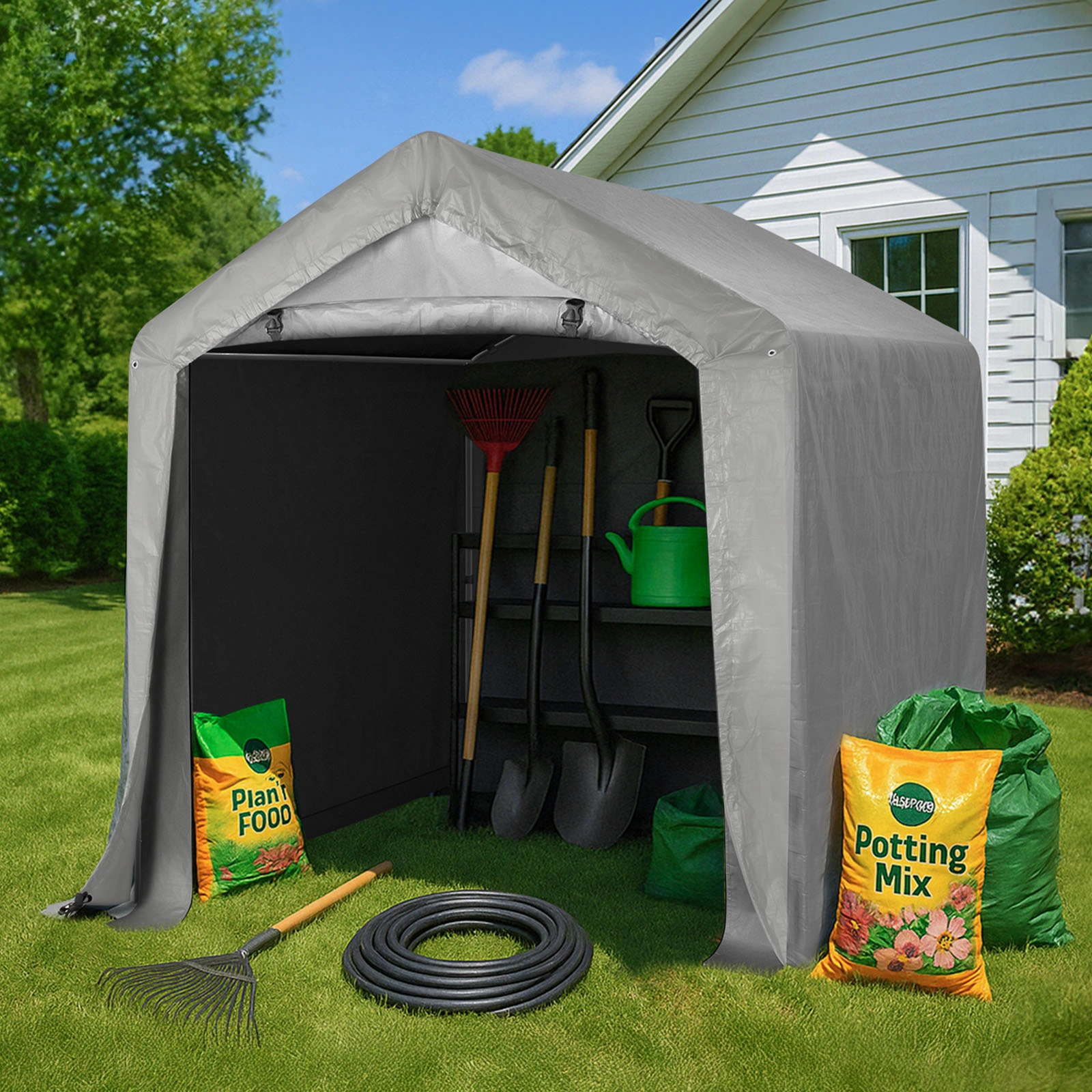 6'x6' Outdoor Storage Shelter Shed, Heavy Duty Grey Pop-up Gazebo Canopy Tent, Weather Resistant Garden Car Cover view 11