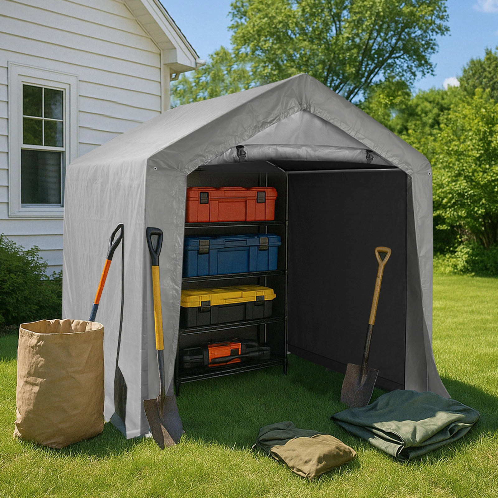6'x6' Outdoor Storage Shelter Shed, Heavy Duty Grey Pop-up Gazebo Canopy Tent, Weather Resistant Garden Car Cover view 12