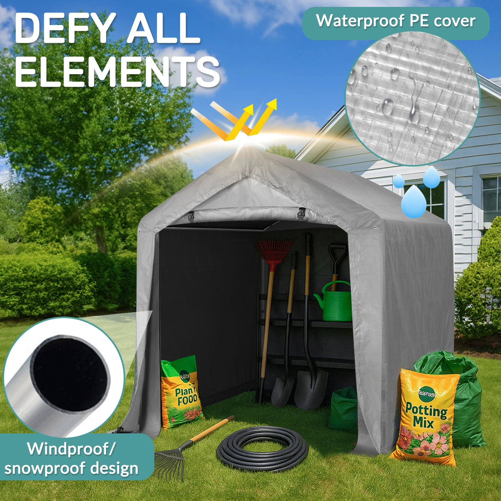 6'x6' Outdoor Storage Shelter Shed, Heavy Duty Grey Pop-up Gazebo Canopy Tent, Weather Resistant Garden Car Cover view 6