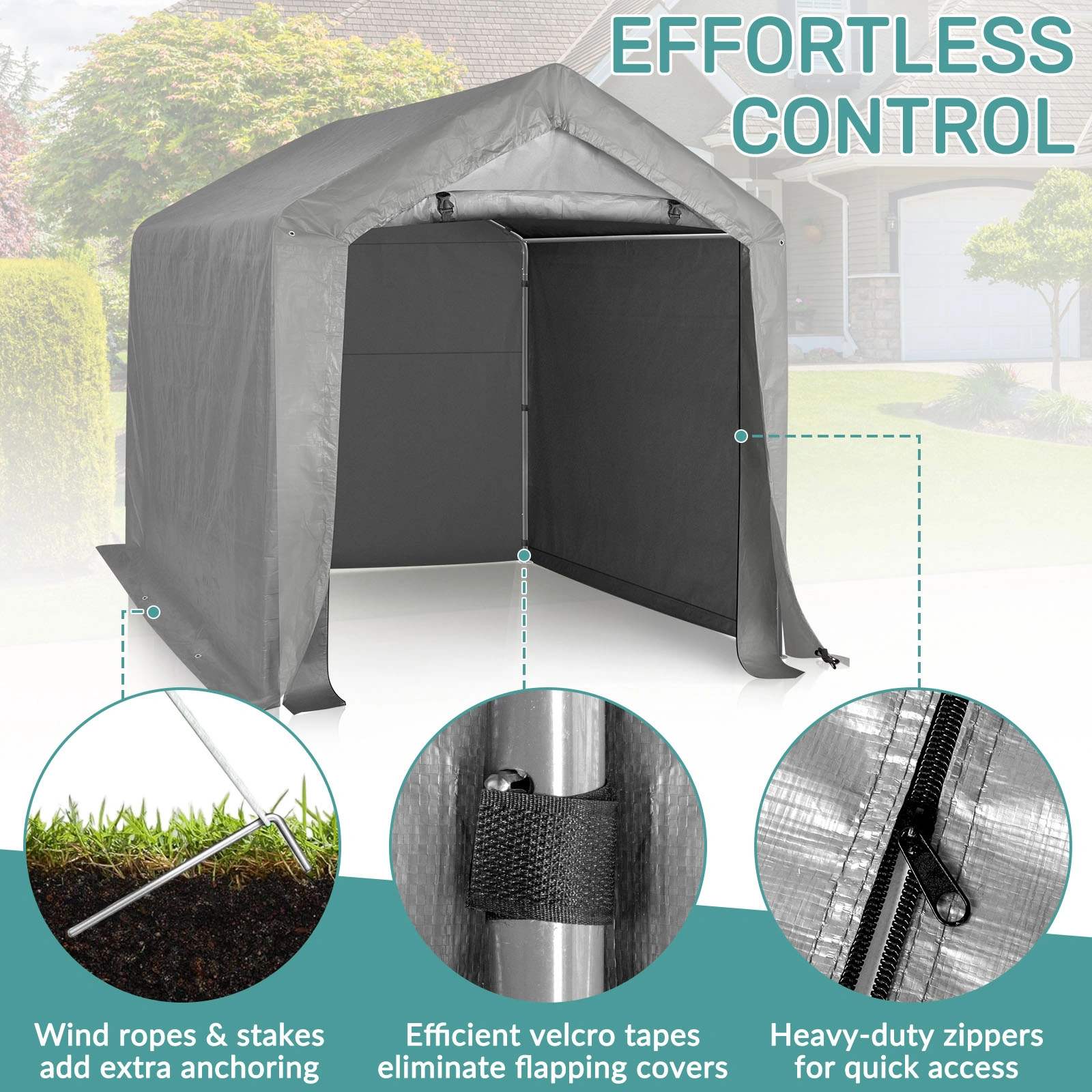 6'x6' Outdoor Storage Shelter Shed, Heavy Duty Grey Pop-up Gazebo Canopy Tent, Weather Resistant Garden Car Cover view 7