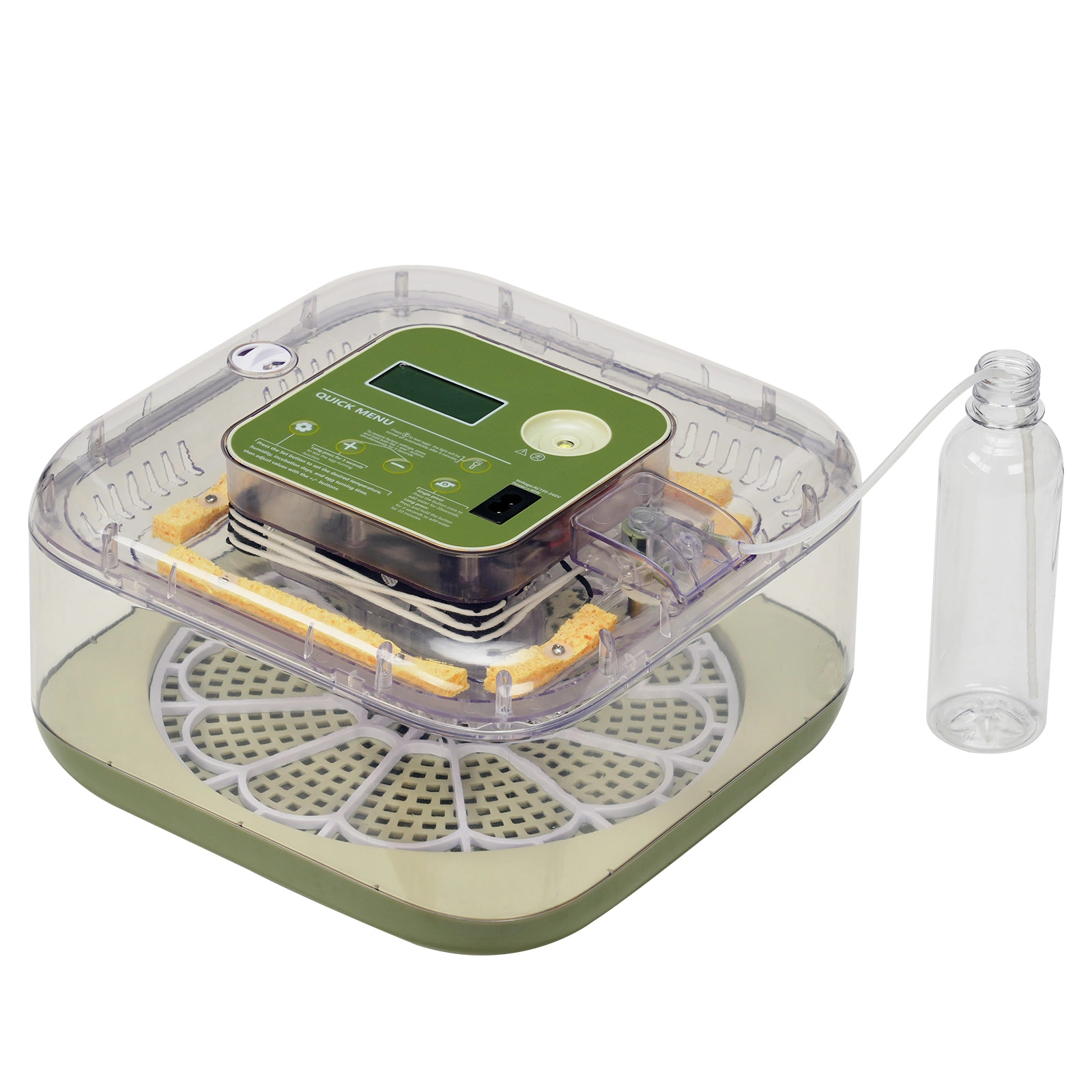 US Standard FYY-12 Egg Incubator, 110V, ≤35W, 12 Eggs Capacity, Square & Round Tray, Equipped with 1 Water Bottle, Grass Green Body with Transparent Top Cover, ABS & PET Material. Upgraded LED Egg Candling Function, Fully Automatic Egg Turning, Fahre
