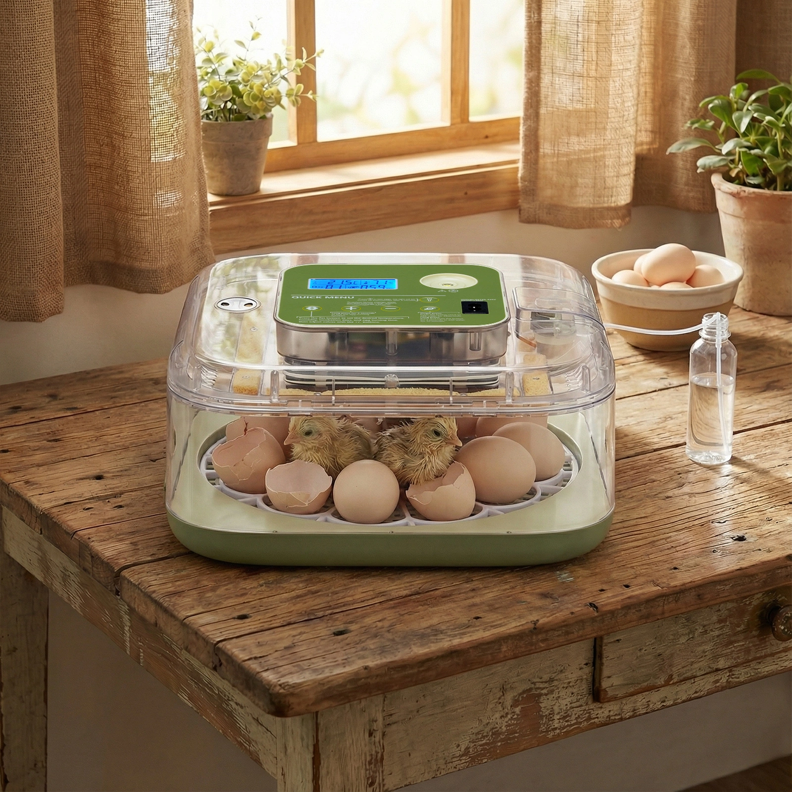 US Standard FYY-12 Egg Incubator, 110V, ≤35W, 12 Eggs Capacity, Square & Round Tray, Equipped with 1 Water Bottle, Grass Green Body with Transparent Top Cover, ABS & PET Material. Upgraded LED Egg Candling Function, Fully Automatic Egg Turning, Fahre view 10