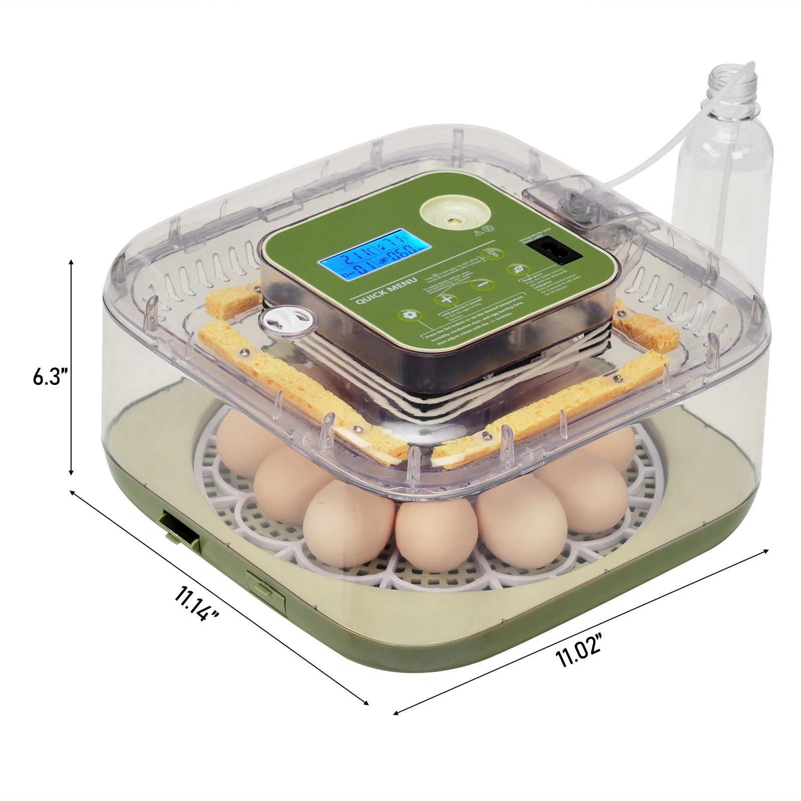 US Standard FYY-12 Egg Incubator, 110V, ≤35W, 12 Eggs Capacity, Square & Round Tray, Equipped with 1 Water Bottle, Grass Green Body with Transparent Top Cover, ABS & PET Material. Upgraded LED Egg Candling Function, Fully Automatic Egg Turning, Fahre view 2