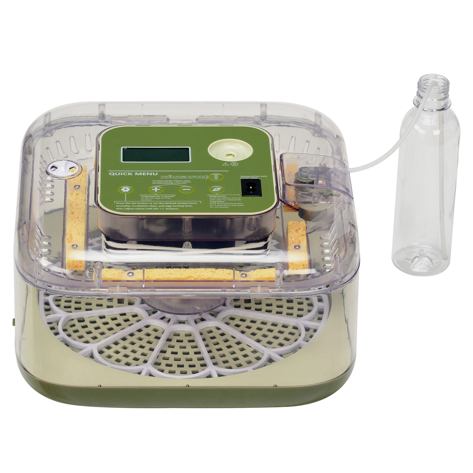 US Standard FYY-12 Egg Incubator, 110V, ≤35W, 12 Eggs Capacity, Square & Round Tray, Equipped with 1 Water Bottle, Grass Green Body with Transparent Top Cover, ABS & PET Material. Upgraded LED Egg Candling Function, Fully Automatic Egg Turning, Fahre view 3
