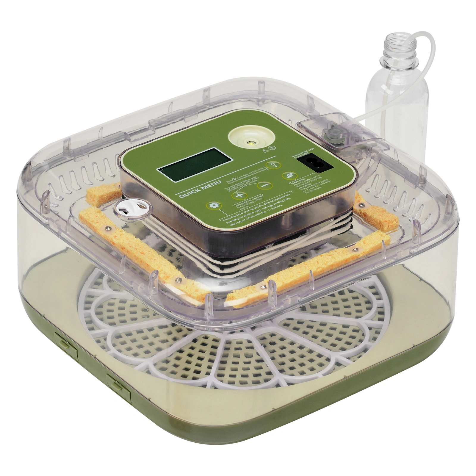 US Standard FYY-12 Egg Incubator, 110V, ≤35W, 12 Eggs Capacity, Square & Round Tray, Equipped with 1 Water Bottle, Grass Green Body with Transparent Top Cover, ABS & PET Material. Upgraded LED Egg Candling Function, Fully Automatic Egg Turning, Fahre view 4