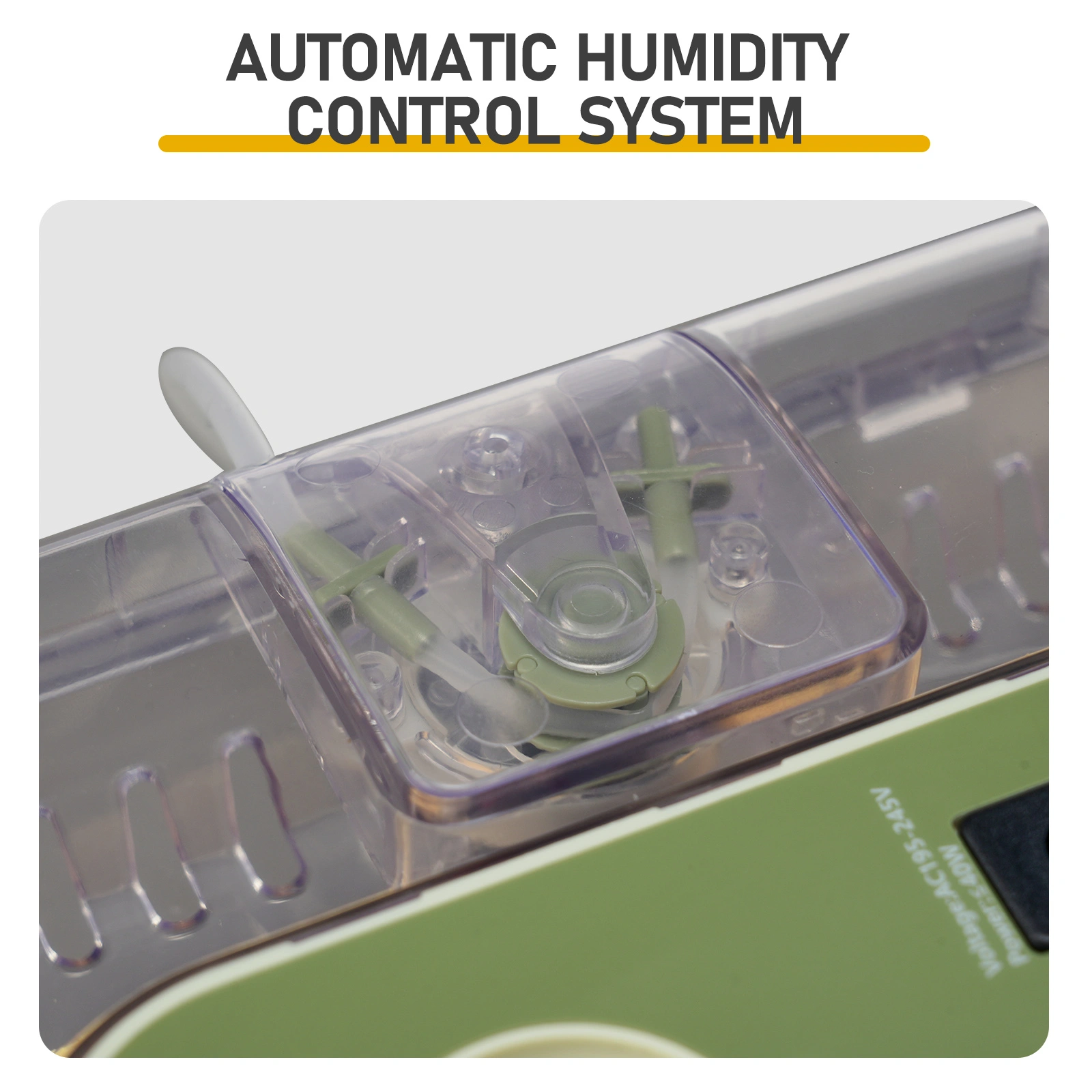 US Standard FYY-12 Egg Incubator, 110V, ≤35W, 12 Eggs Capacity, Square & Round Tray, Equipped with 1 Water Bottle, Grass Green Body with Transparent Top Cover, ABS & PET Material. Upgraded LED Egg Candling Function, Fully Automatic Egg Turning, Fahre view 6