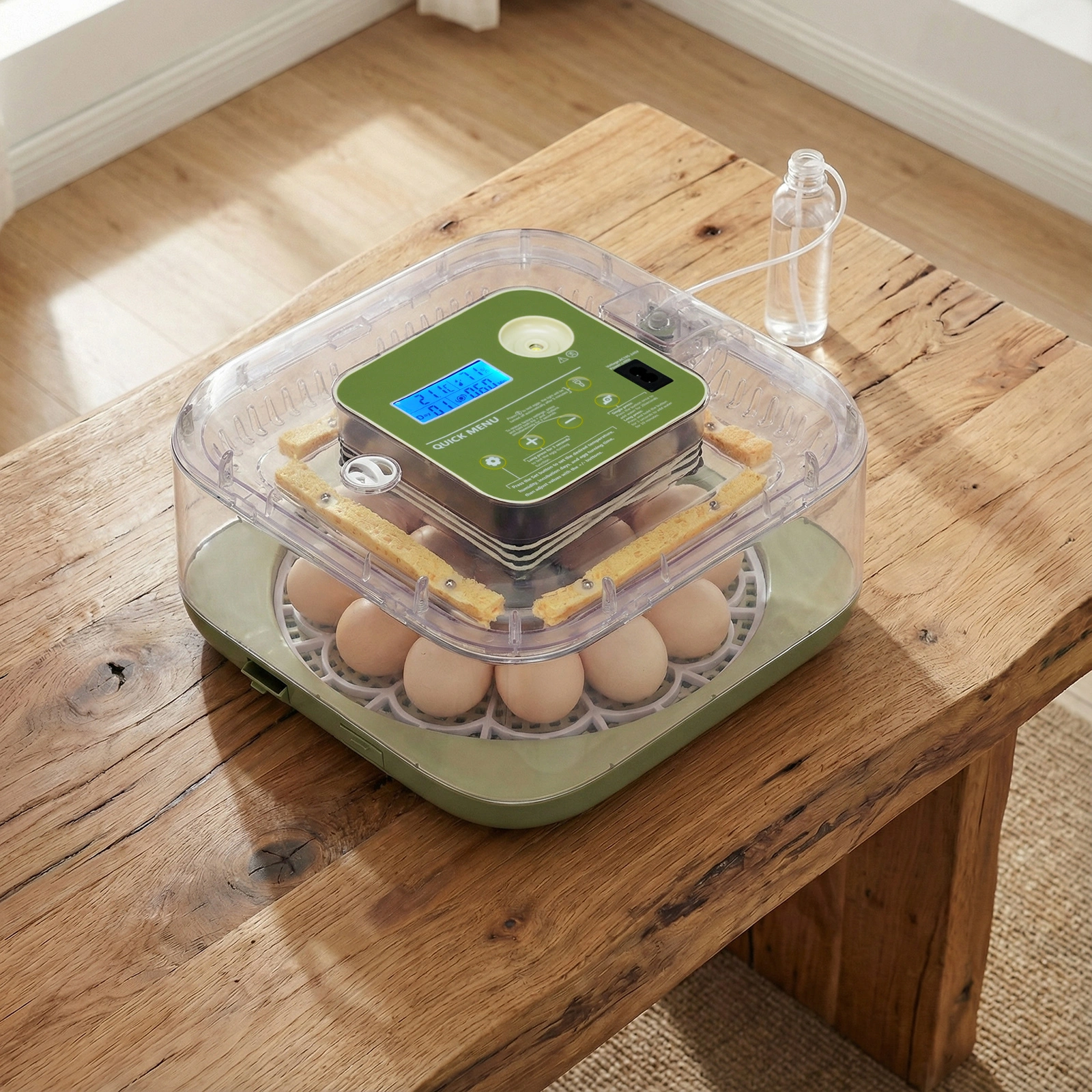 US Standard FYY-12 Egg Incubator, 110V, ≤35W, 12 Eggs Capacity, Square & Round Tray, Equipped with 1 Water Bottle, Grass Green Body with Transparent Top Cover, ABS & PET Material. Upgraded LED Egg Candling Function, Fully Automatic Egg Turning, Fahre view 9