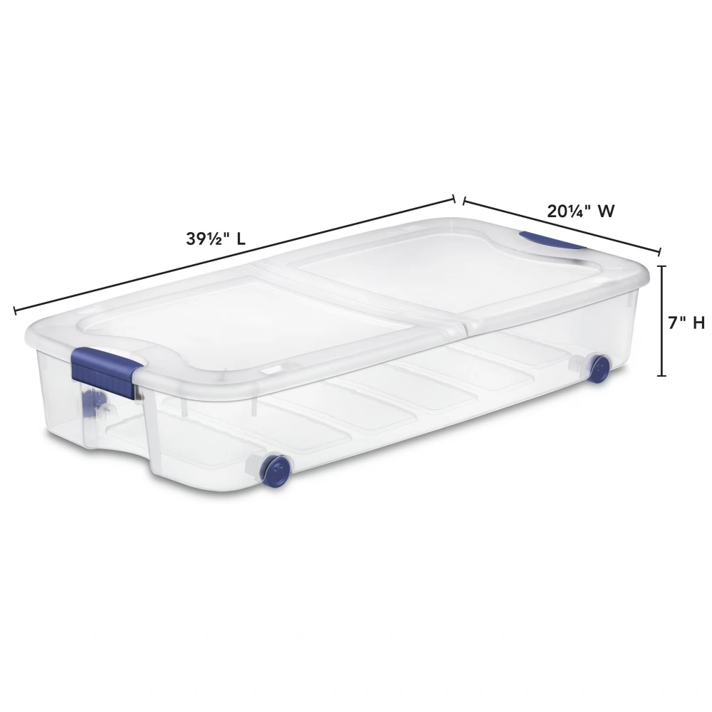 (2 pack)66 Quart Latching Underbed Wheeled Storage Bin, Clear Plastic Storage Container with Latch Lid, Blue view 2