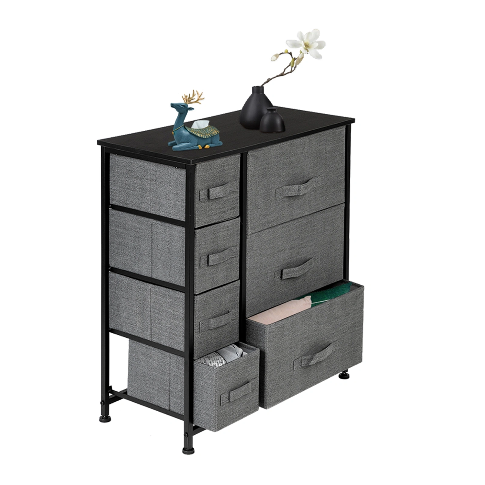 7-Drawer Storage Tower Dresser, Furniture Organizer Unit with Steel Frame & Wood Top, Easy Pull Fabric Bins for Bedroom, Hallway, Closet, Office, Grey view 3