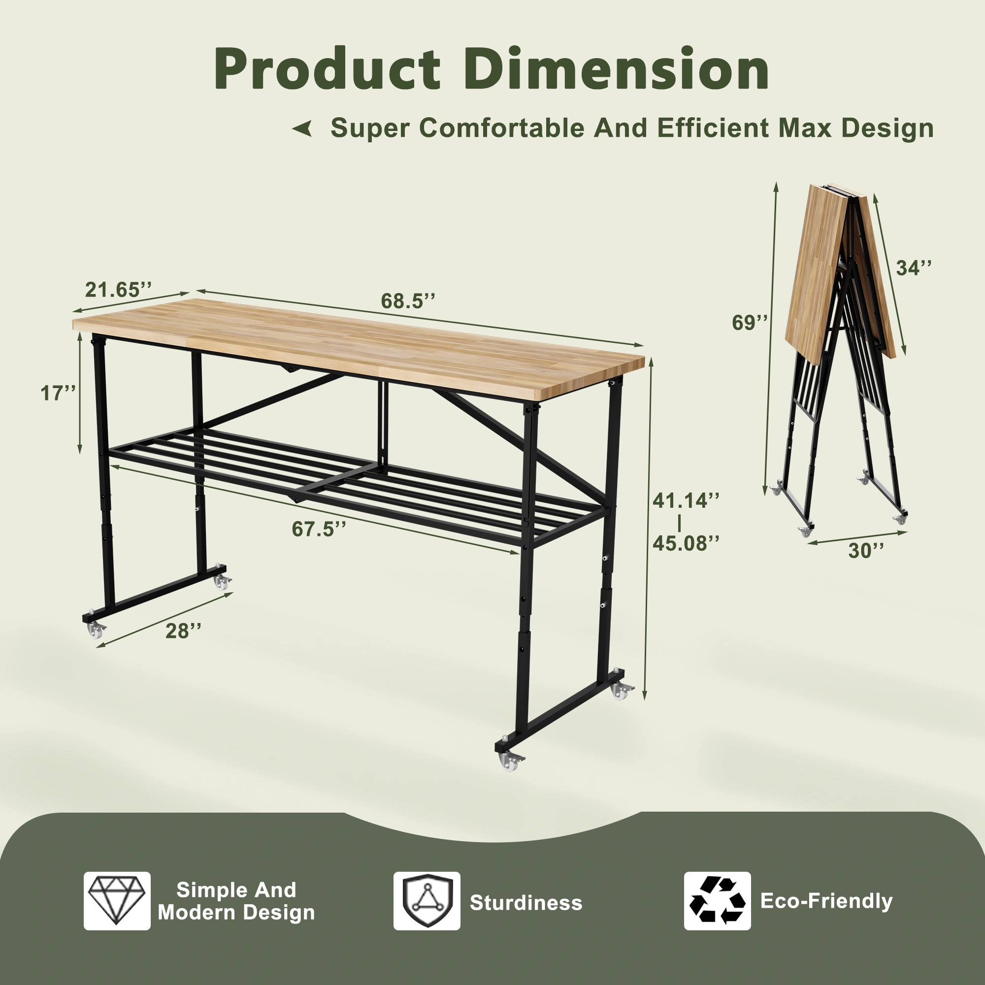 Foldable Hardwood Workbench Adjustable Wood-Top Utility Table with Locking Casters view 2