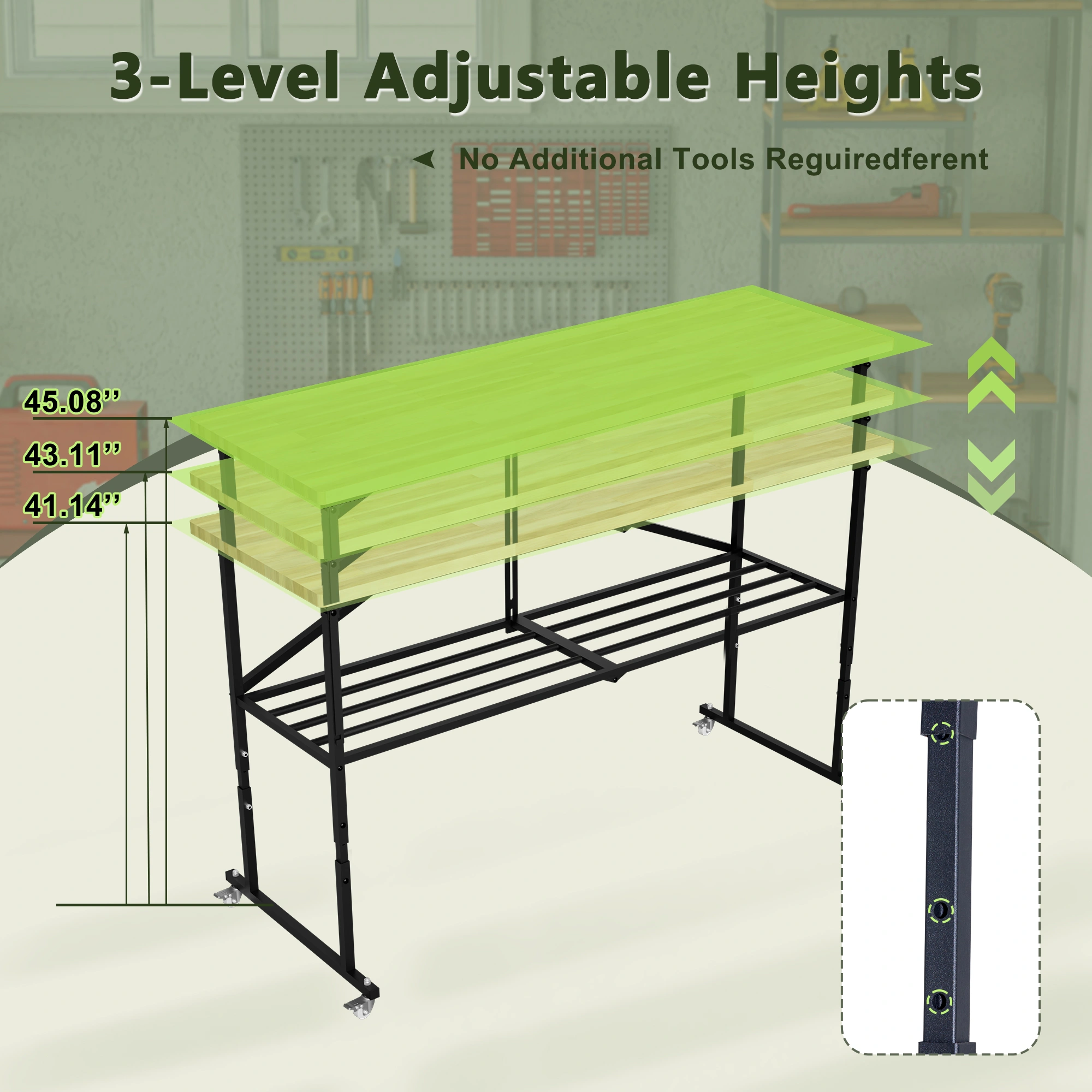 Foldable Hardwood Workbench Adjustable Wood-Top Utility Table with Locking Casters view 3