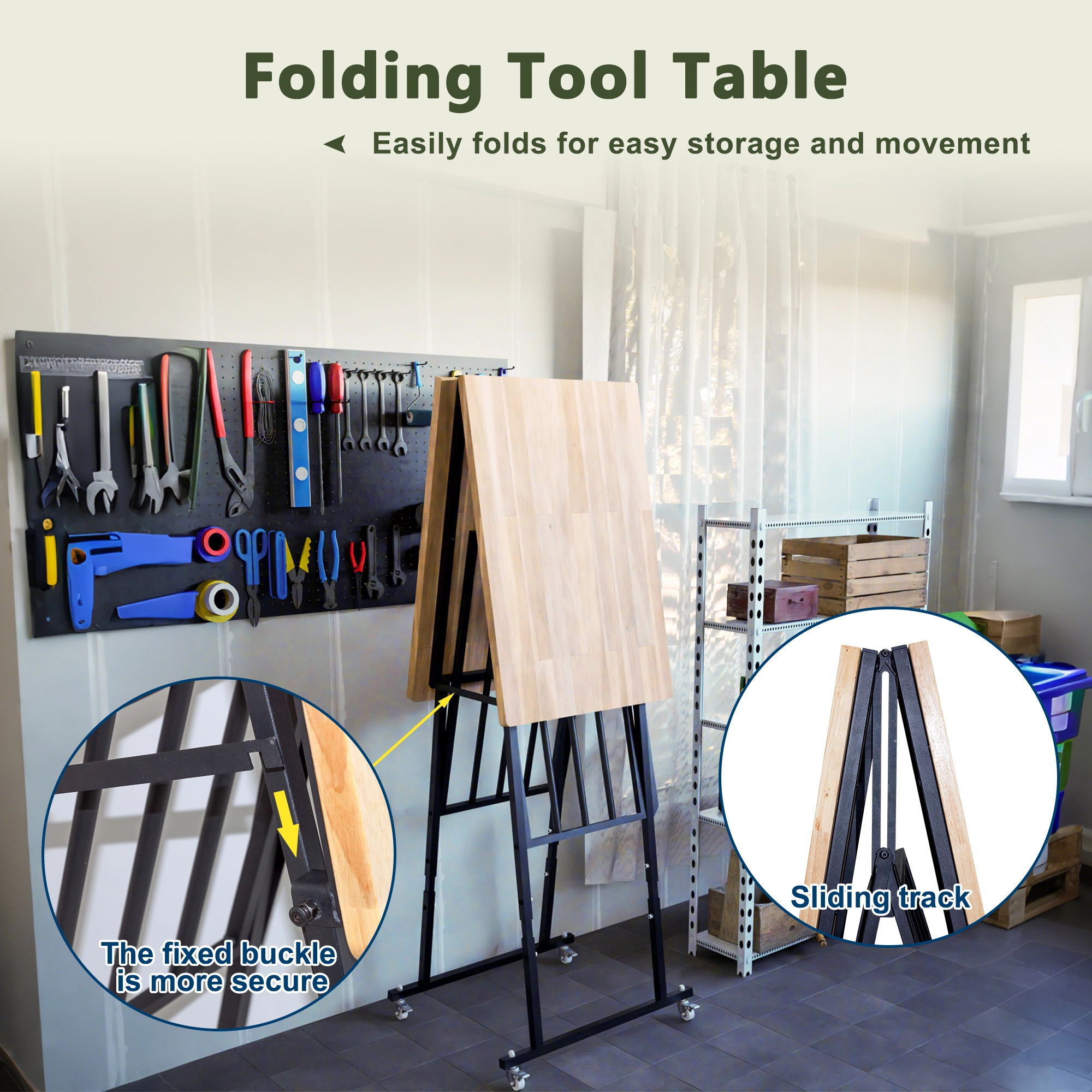 Foldable Hardwood Workbench Adjustable Wood-Top Utility Table with Locking Casters view 6