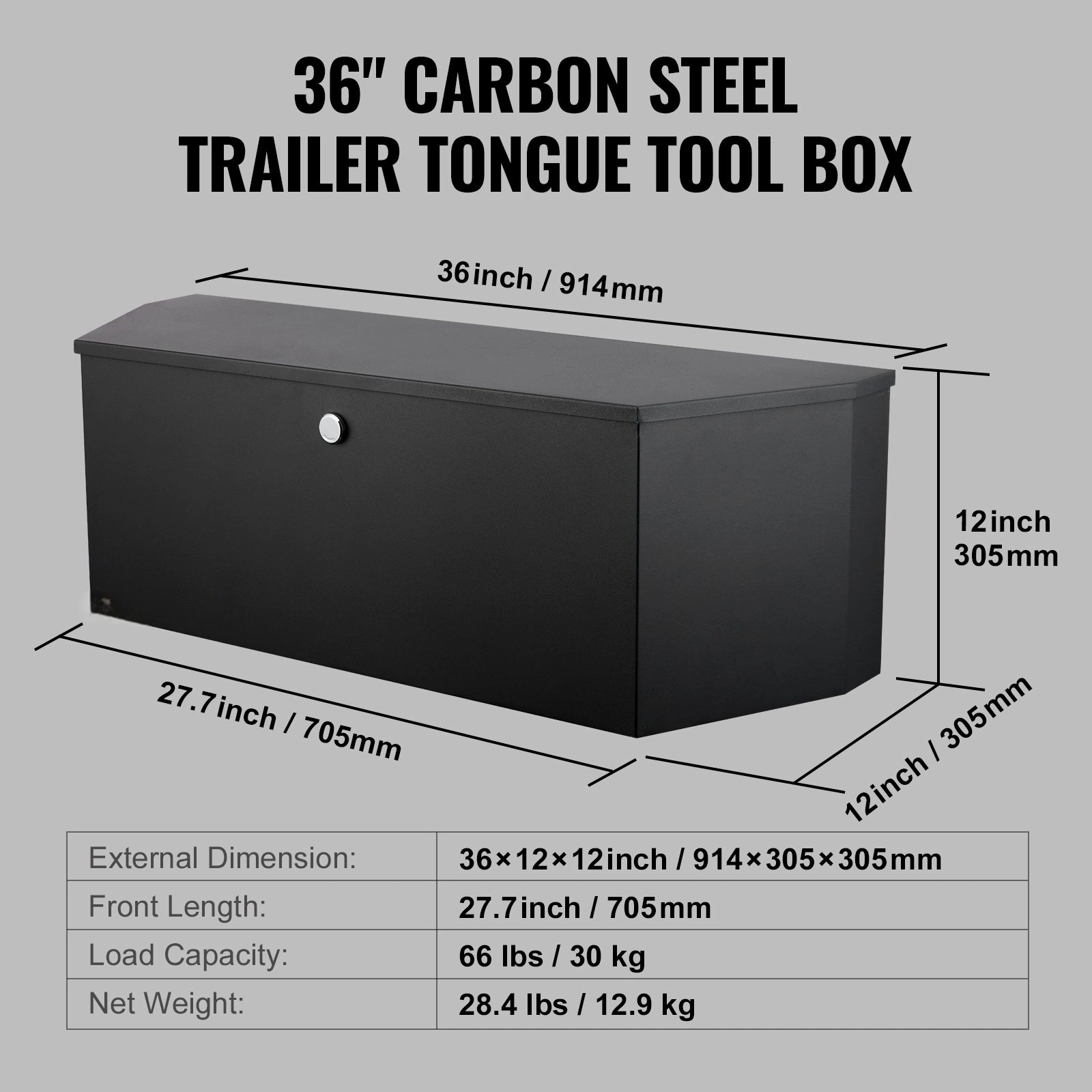 36 Inch Heavy Duty Steel Trailer Tongue Toolbox, 12x12 Utility Storage with Lock and Keys for Pickup Truck Bed RV Trailer view 2