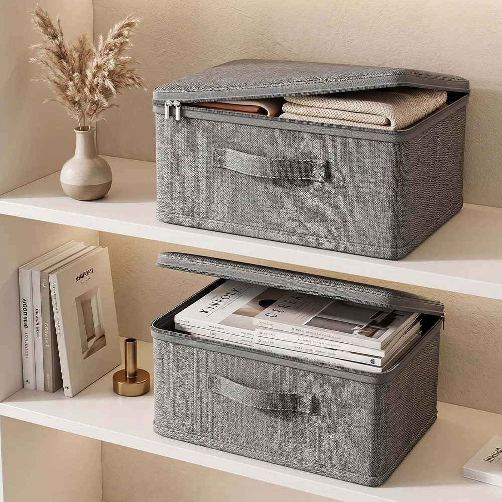 6 Pack Foldable Storage Boxes with Lid, Thick Fabric Wardrobe Organizer Bins Steel Frame