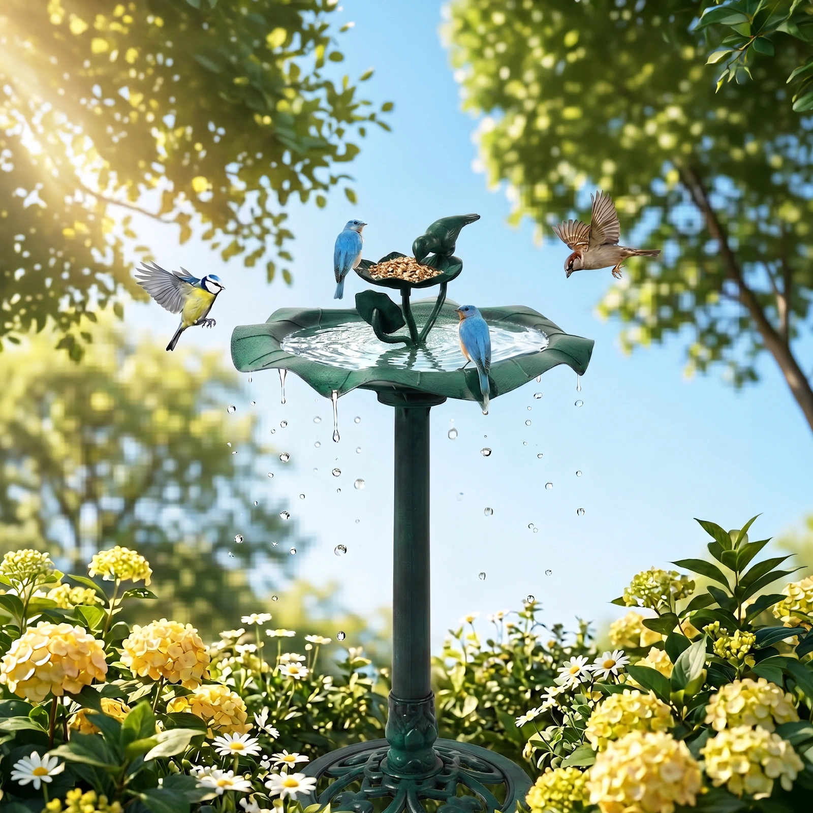 50*50*86cm Dark Green Resin Bird Bath With Lotus Edge & Feeder Tray view 12