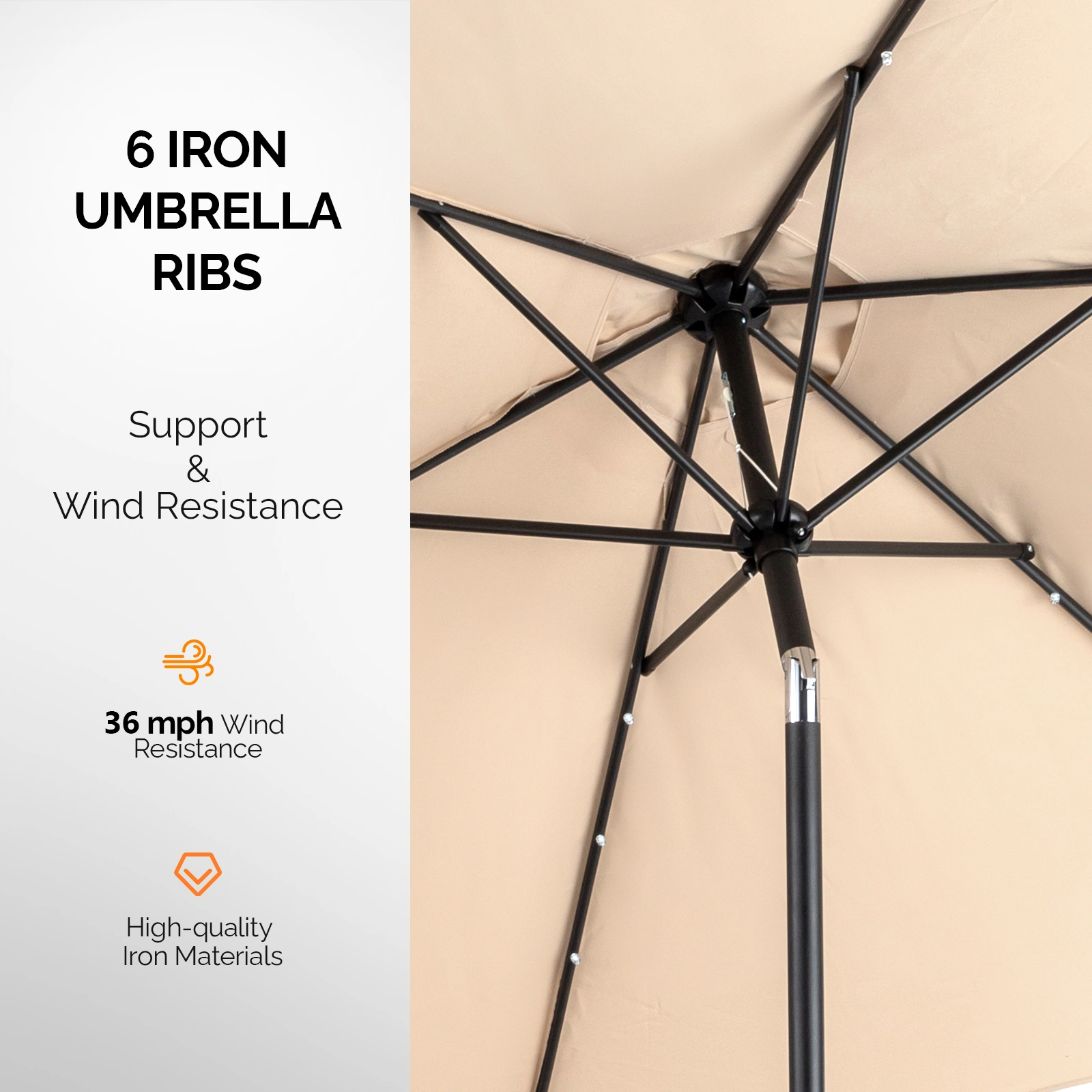 9ft Solar Patio Umbrella with LED Lights, Outdoor Market Table Umbrella with Push Button Tilt & Crank, 6 Ribs Waterproof Polyester Deck Umbrella for Garden, Backyard, Pool, Beige view 3