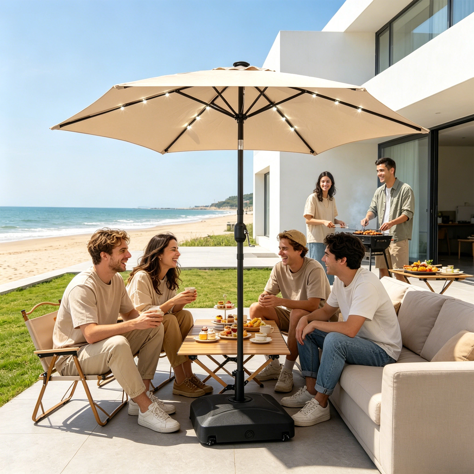 9ft Solar Patio Umbrella with LED Lights, Outdoor Market Table Umbrella with Push Button Tilt & Crank, 6 Ribs Waterproof Polyester Deck Umbrella for Garden, Backyard, Pool, Beige view 8