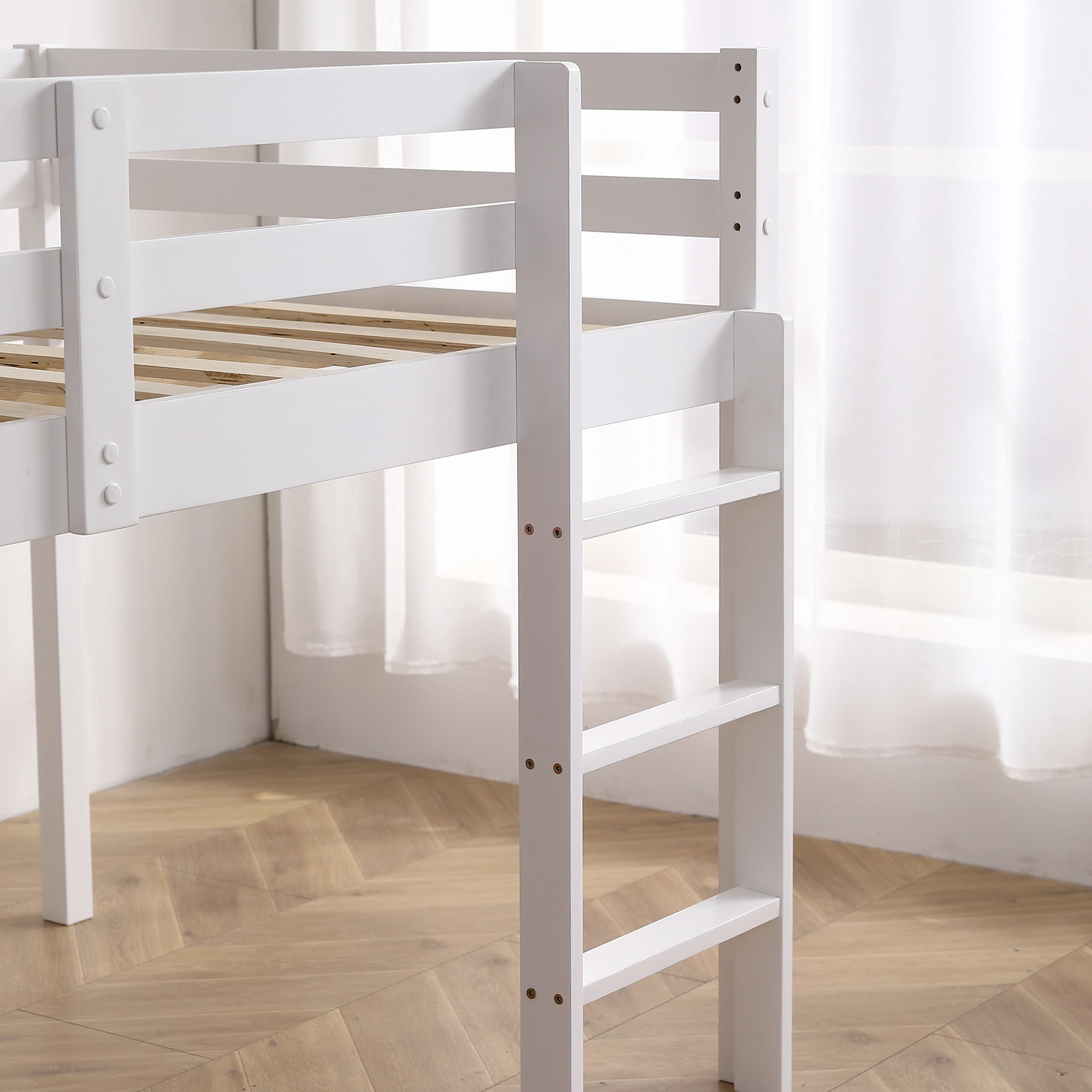 Elevated Cross Bracing Straight Ladder Twin Pine Wooden Bed White view 12