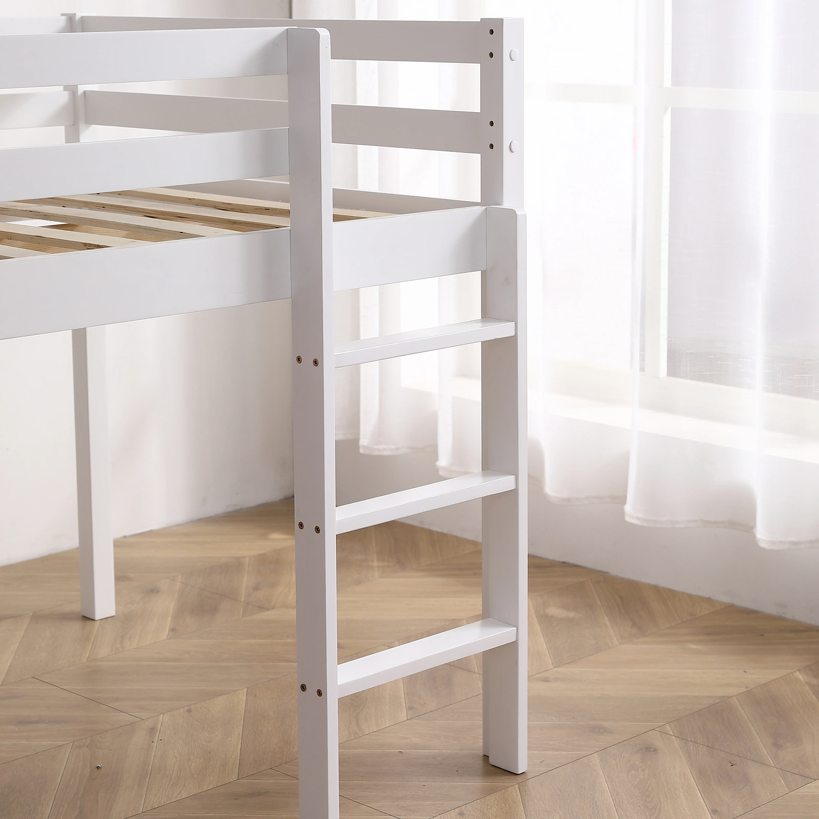Elevated Cross Bracing Straight Ladder Twin Pine Wooden Bed White view 13