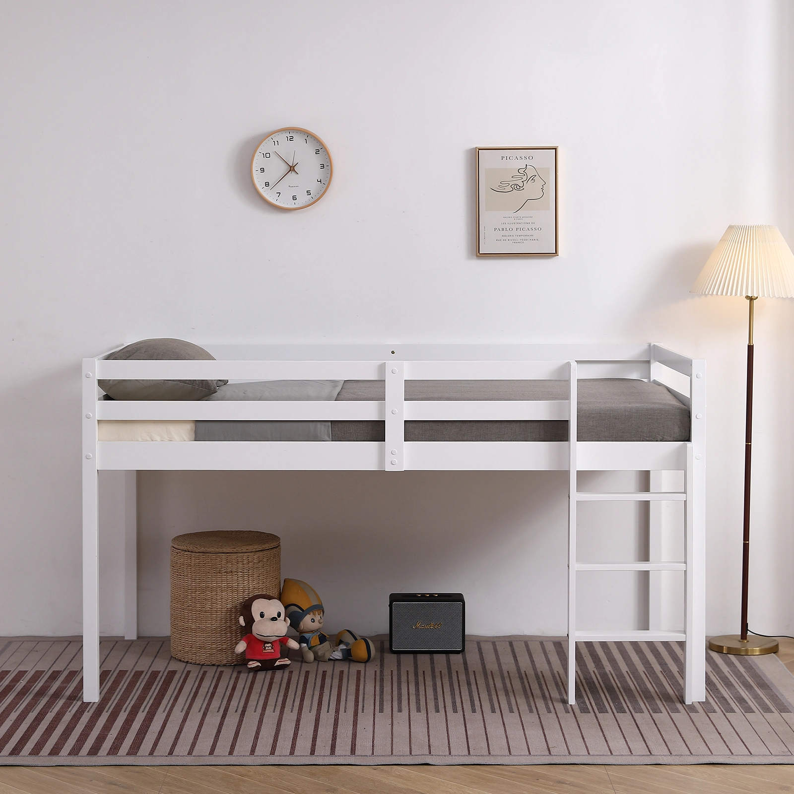 Elevated Cross Bracing Straight Ladder Twin Pine Wooden Bed White view 19