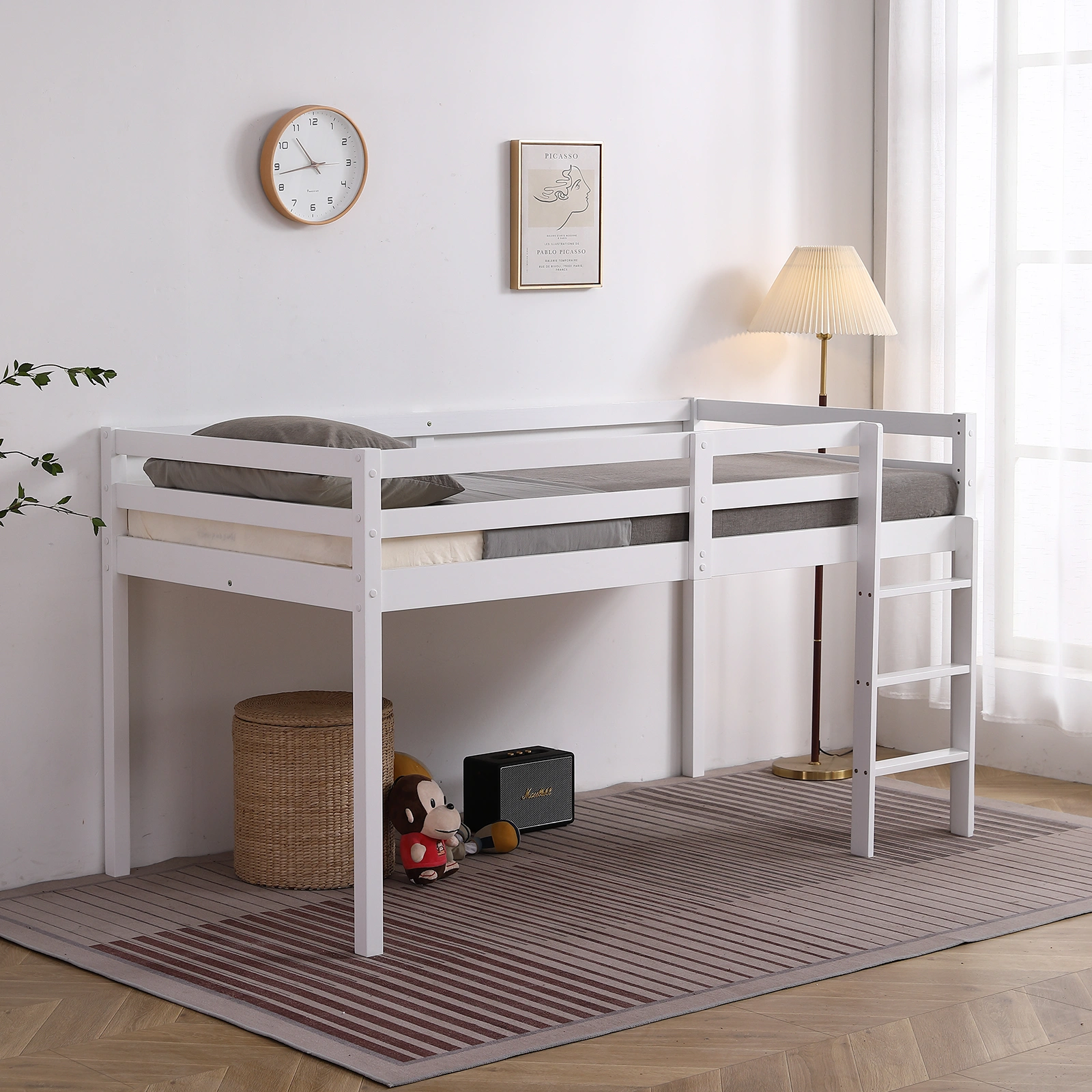 Elevated Cross Bracing Straight Ladder Twin Pine Wooden Bed White view 21