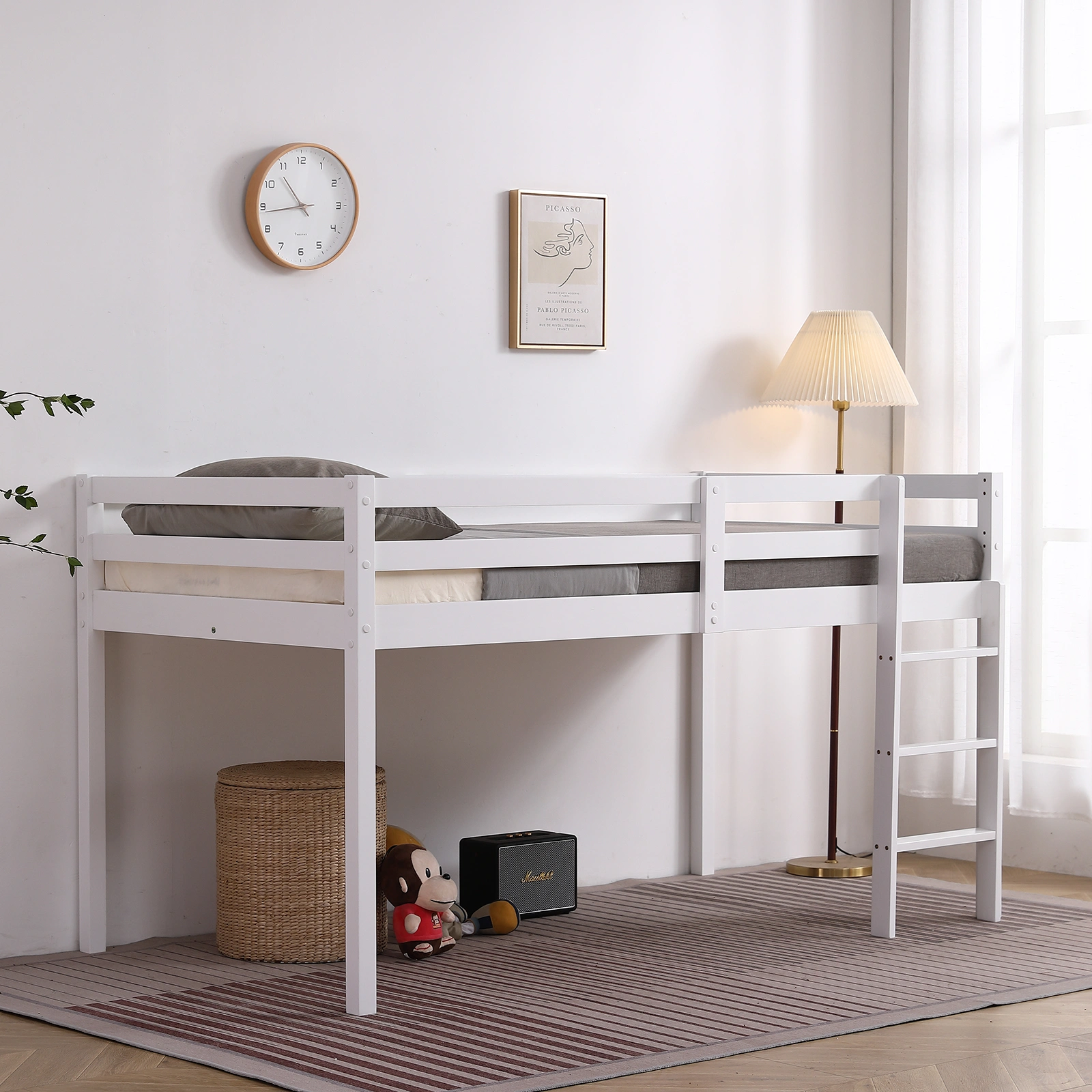 Elevated Cross Bracing Straight Ladder Twin Pine Wooden Bed White view 22