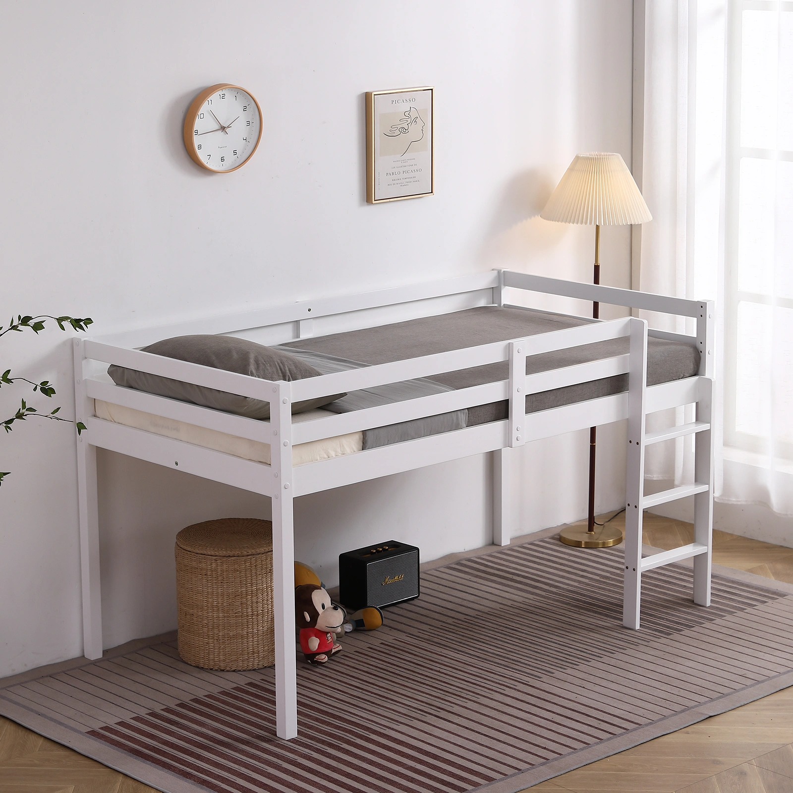 Elevated Cross Bracing Straight Ladder Twin Pine Wooden Bed White view 23
