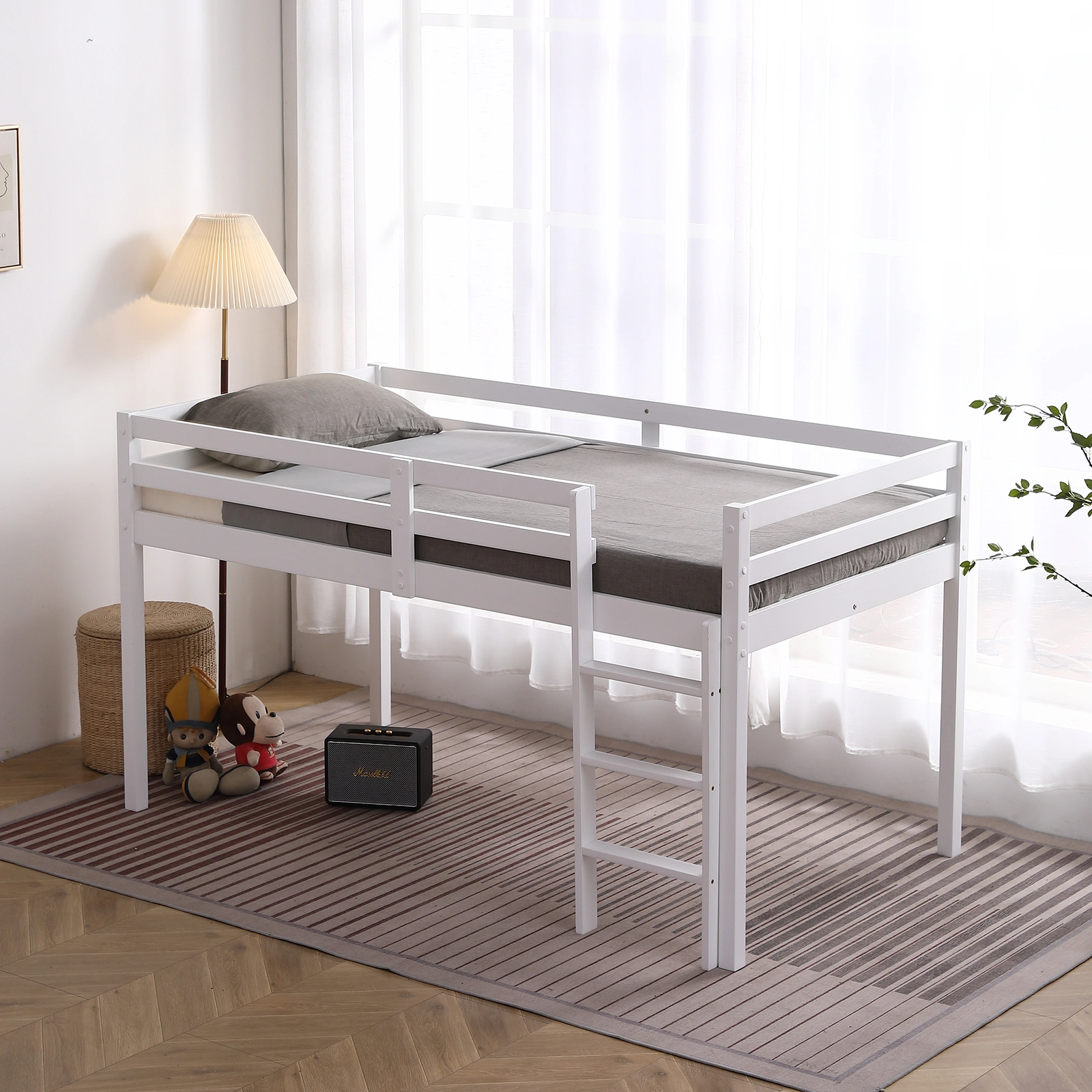 Elevated Cross Bracing Straight Ladder Twin Pine Wooden Bed White view 25