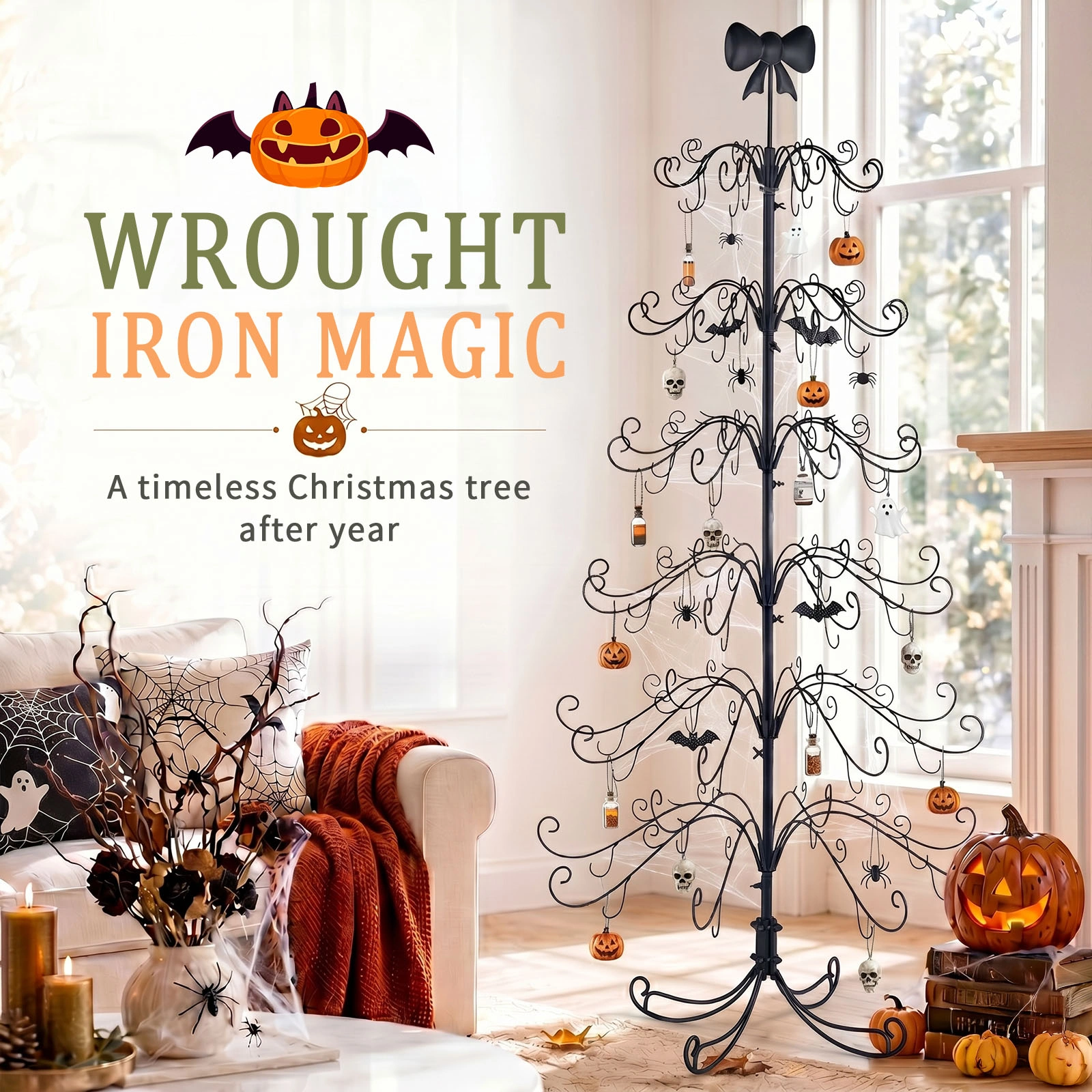 6ft Black PVC Metal Artificial Christmas Tree with Bow Topper, No Extra Ornaments, Daily Decor Tree view 11