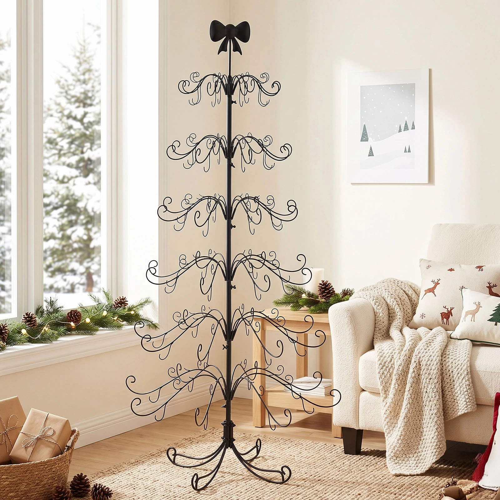 6ft Black PVC Metal Artificial Christmas Tree with Bow Topper, No Extra Ornaments, Daily Decor Tree view 7