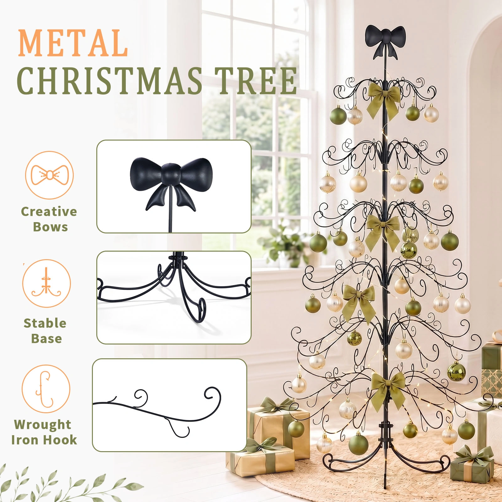 6ft Black PVC Metal Artificial Christmas Tree with Bow Topper, No Extra Ornaments, Daily Decor Tree view 8