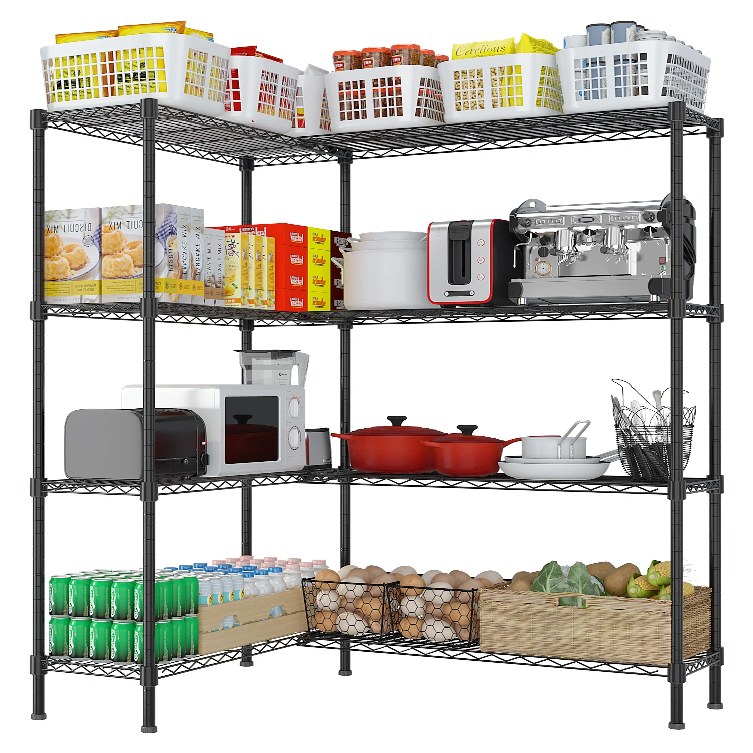 Commercial 4-Tier Display Rack, Double Row Adjustable Layer Spacing, Iron Powder Coated Black, 147x35x150cm w/ Adjustable Feet view 5