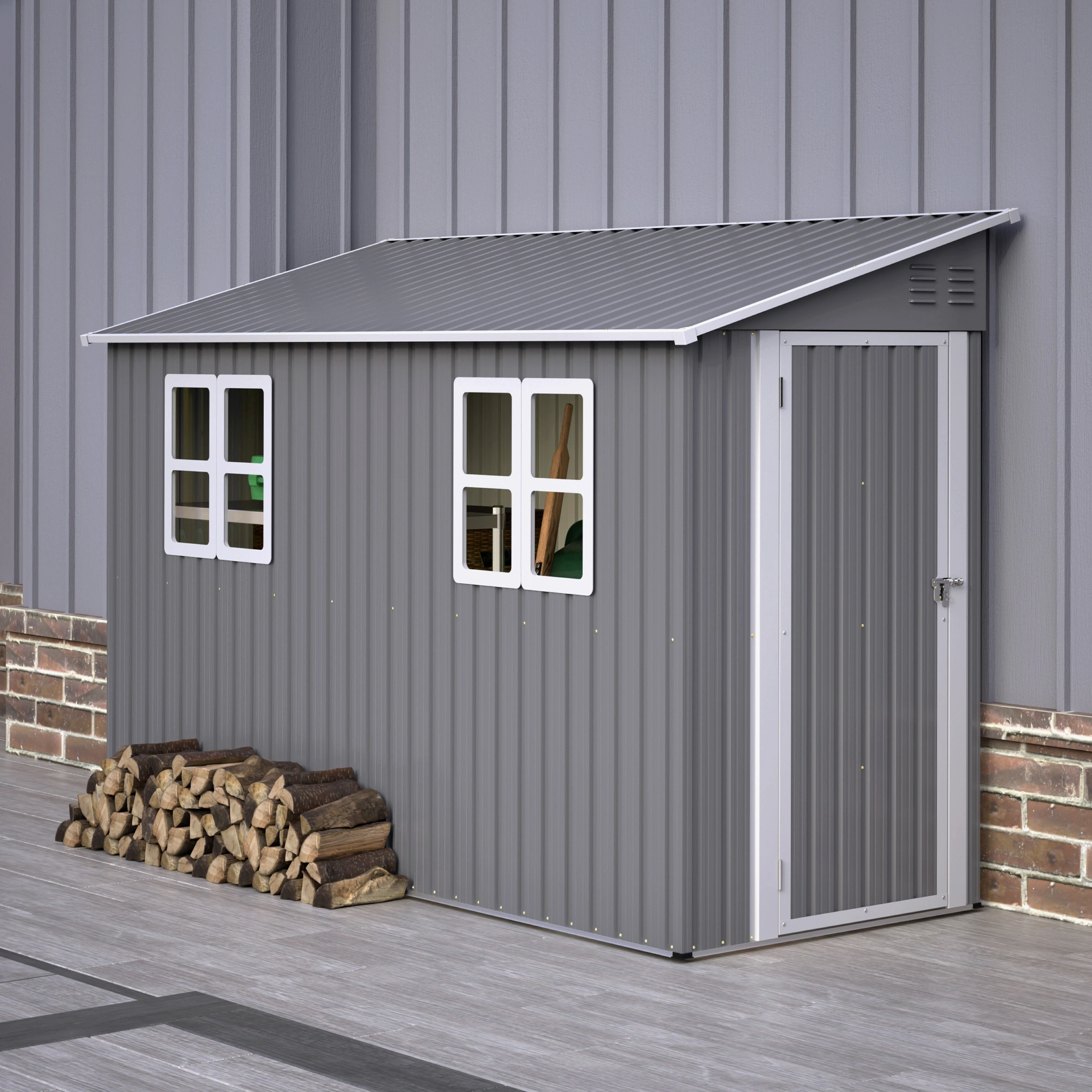 4'x10' Metal Storage Shed with Floor Kit, Heavy Duty Lean-To Steel Shed, 2 Windows & Reversible Door for Garden Tools Bikes, Grey