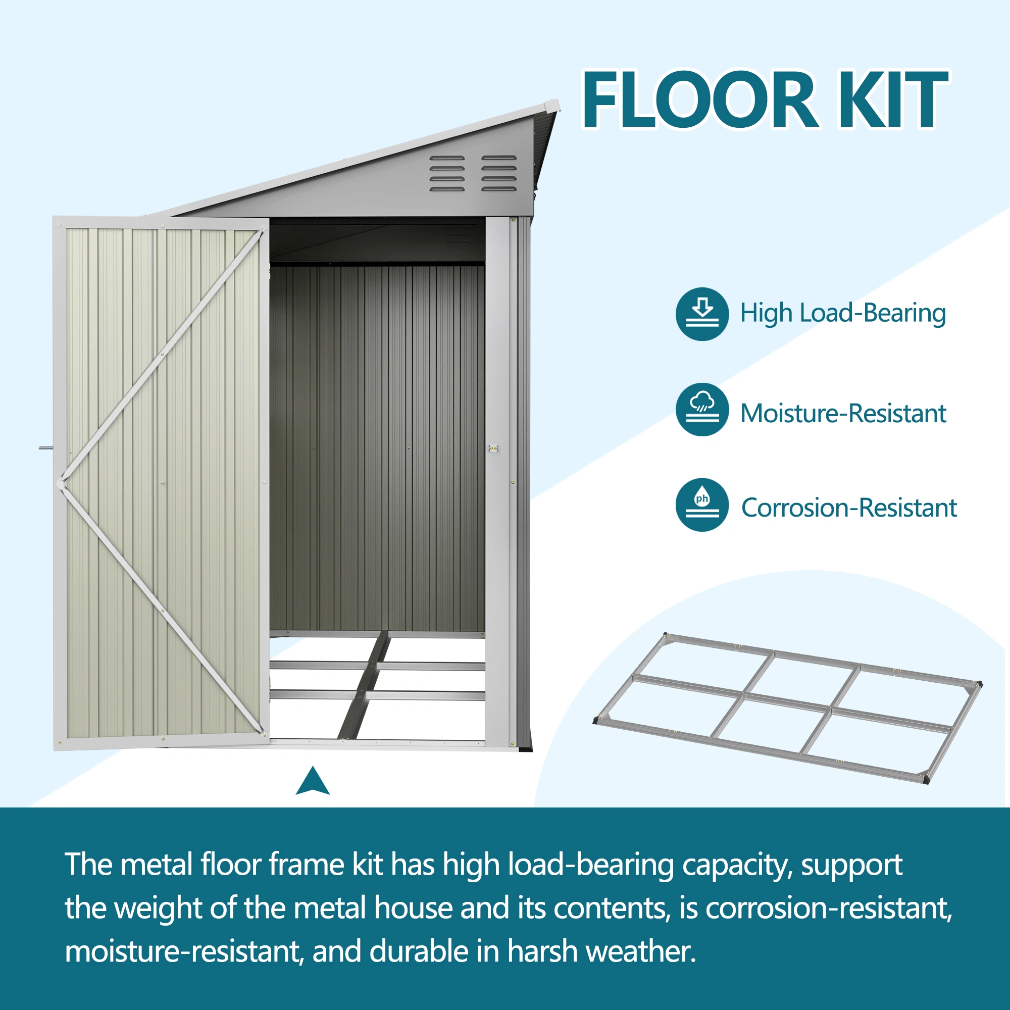 4'x10' Metal Storage Shed with Floor Kit, Heavy Duty Lean-To Steel Shed, 2 Windows & Reversible Door for Garden Tools Bikes, Grey view 3