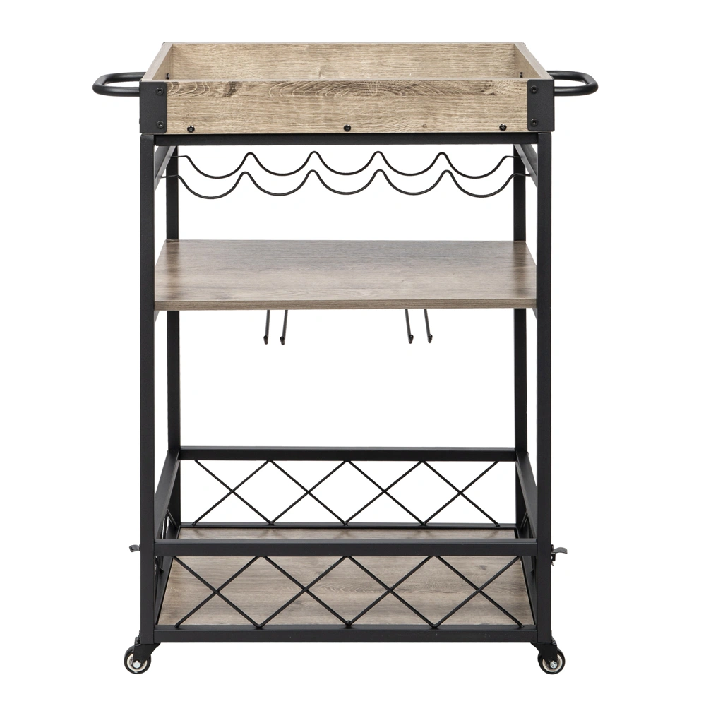 Industrial Vintage Bar Serving Cart Mobile Kitchen Trolley, Wood Metal 3-Tier Serving Cart for Home Restaurant Use