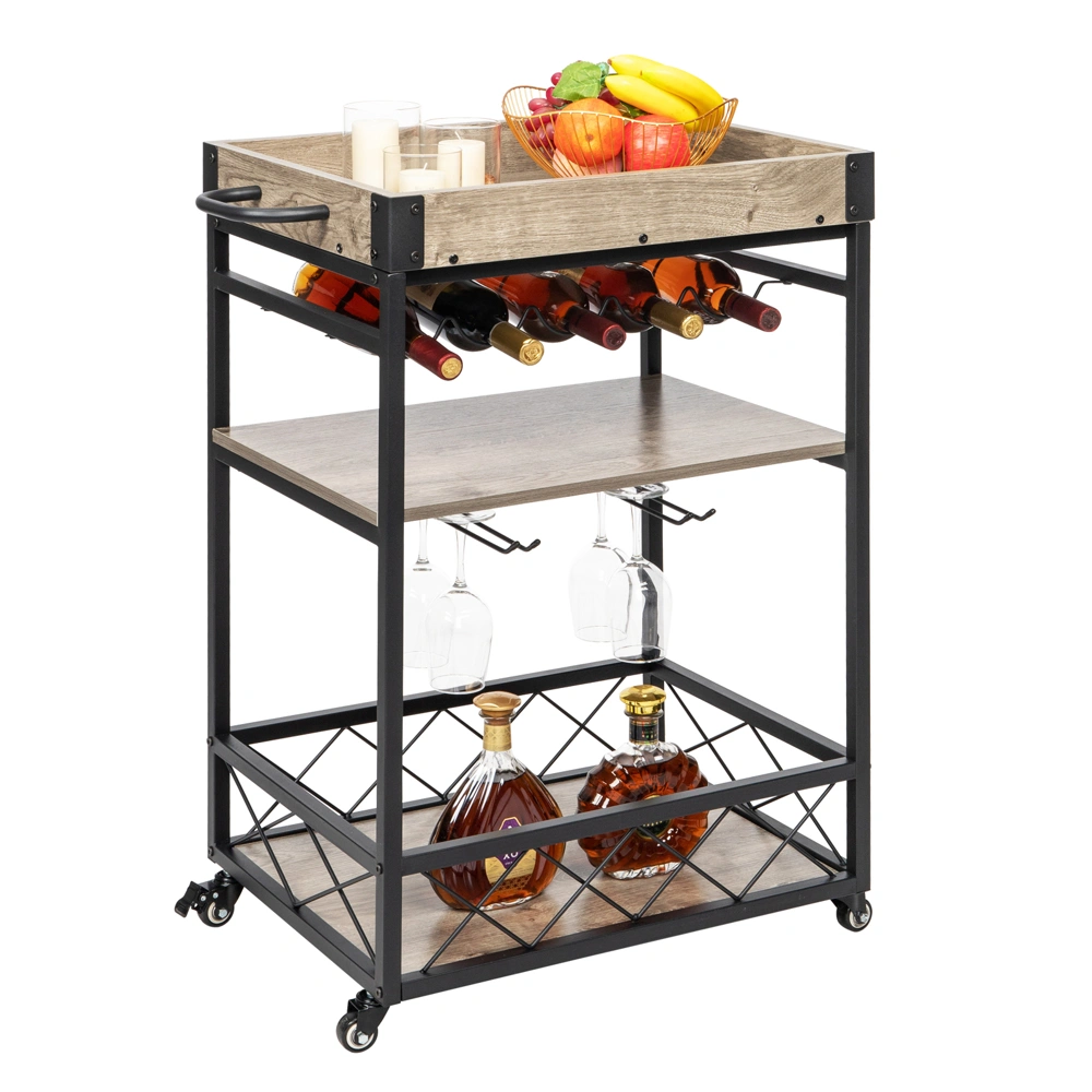 Industrial Vintage Bar Serving Cart Mobile Kitchen Trolley, Wood Metal 3-Tier Serving Cart for Home Restaurant Use view 2