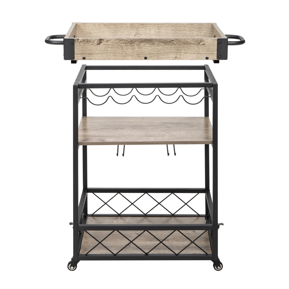 Industrial Vintage Bar Serving Cart Mobile Kitchen Trolley, Wood Metal 3-Tier Serving Cart for Home Restaurant Use view 3