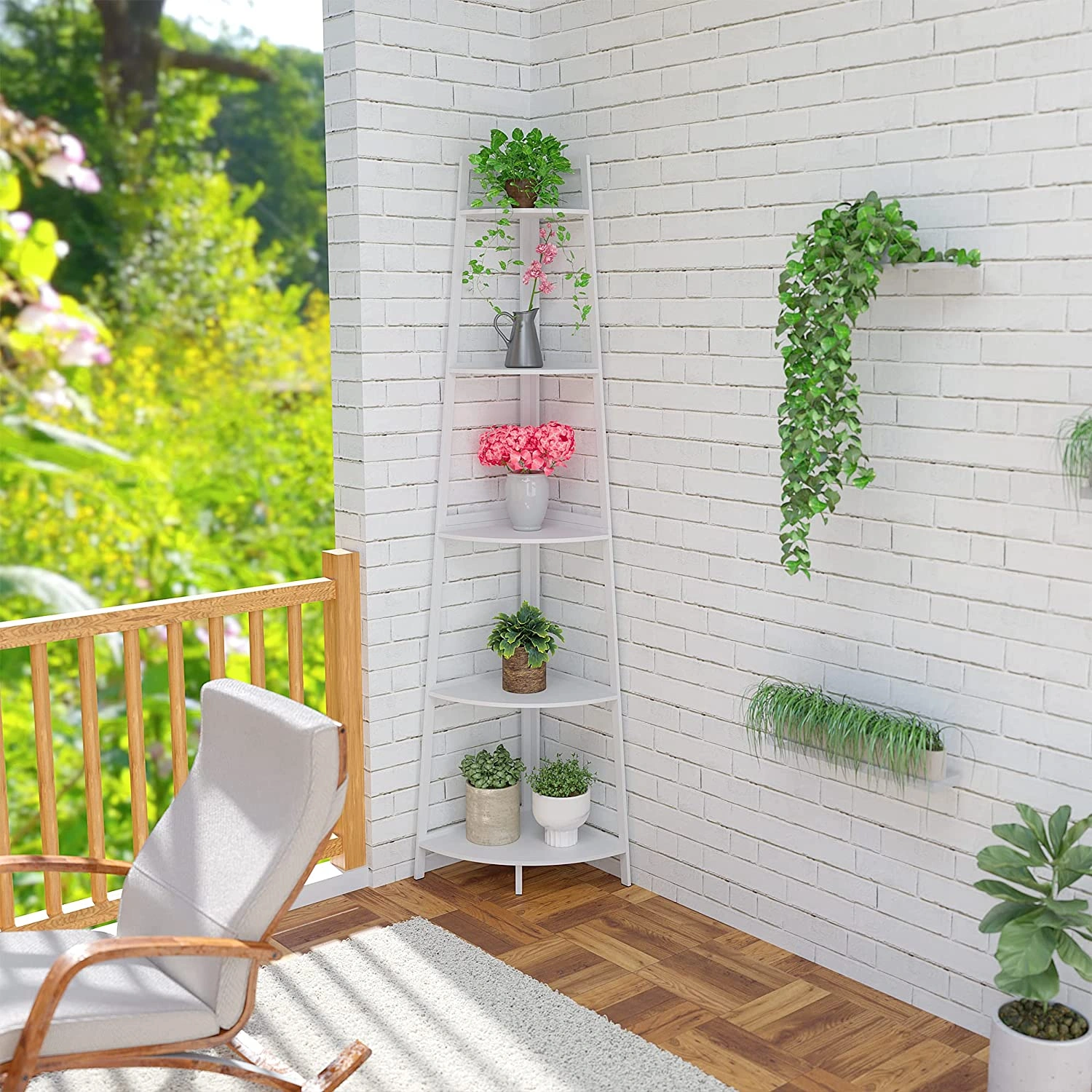 70 Inch Tall Corner Bookshelf, 5 Tiers Industrial Rustic Bamboo Ladder Shelf, Corner Storage Rack, FEDEX Shipping & Pickup Support view 3