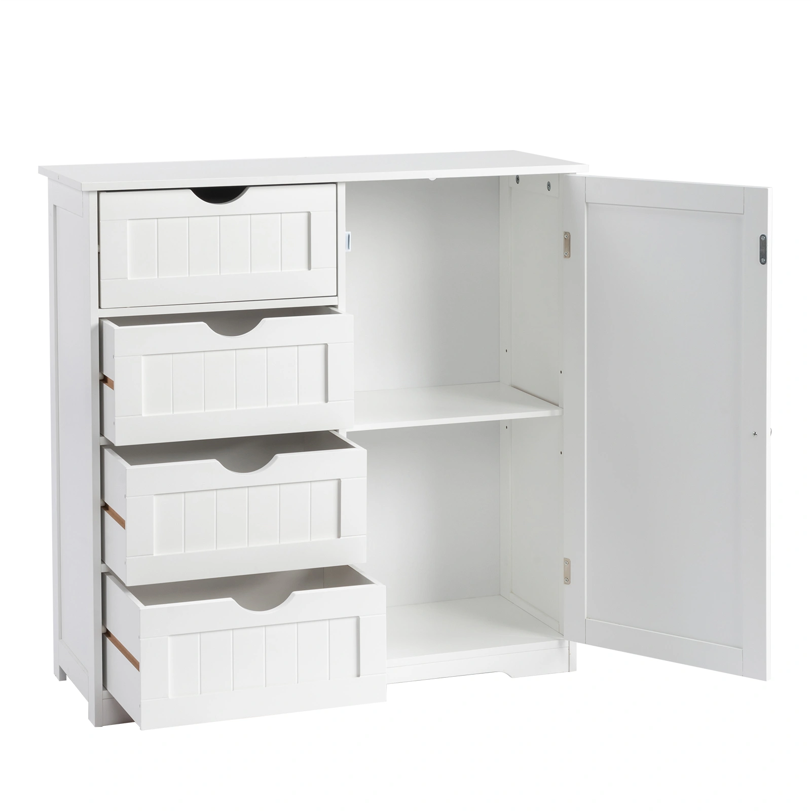 White MDF with paint finish + melamine veneer on particleboard, vertical stripes, 80*30*80cm, 4 drawers, 1 door, bathroom vanity view 2