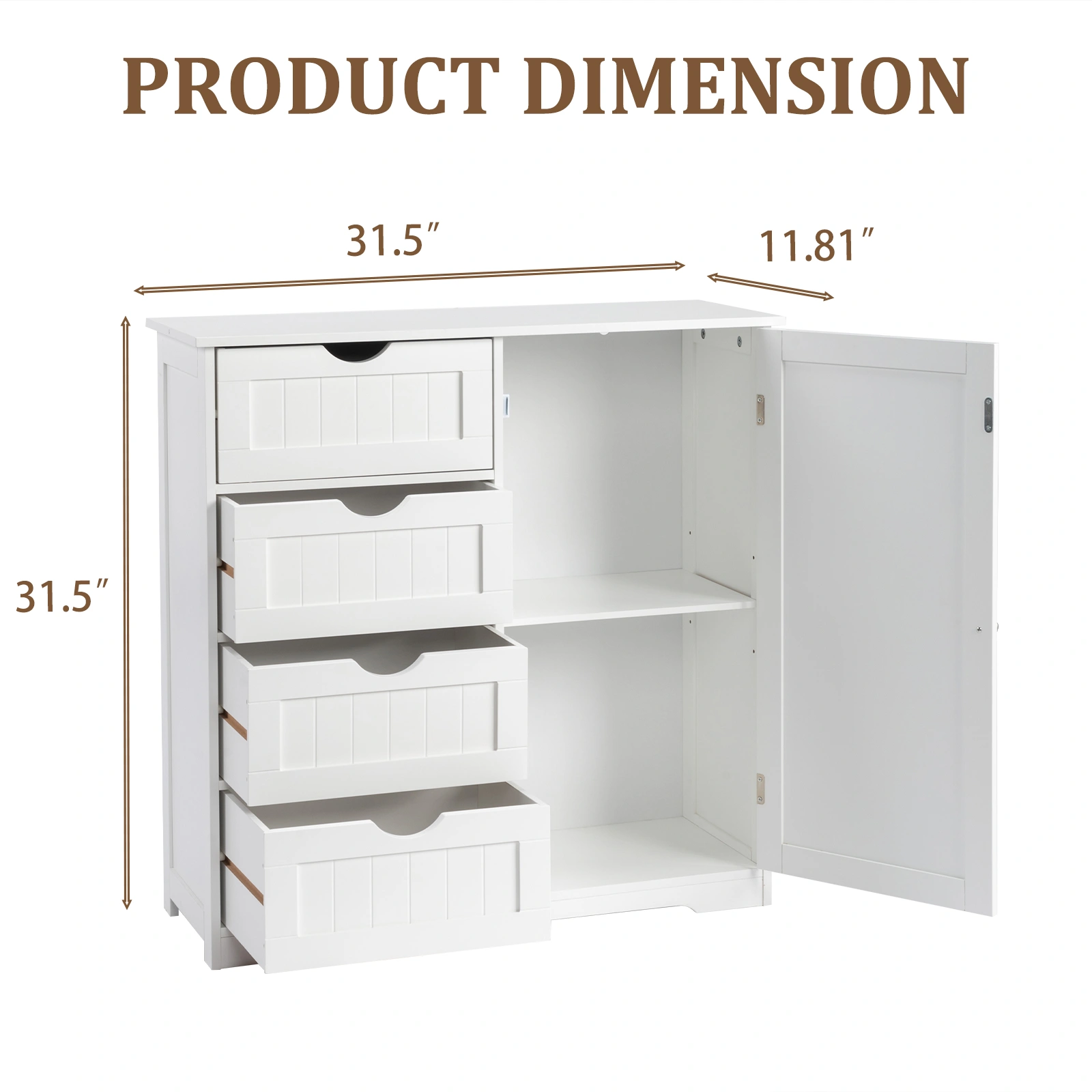 White MDF with paint finish + melamine veneer on particleboard, vertical stripes, 80*30*80cm, 4 drawers, 1 door, bathroom vanity view 3