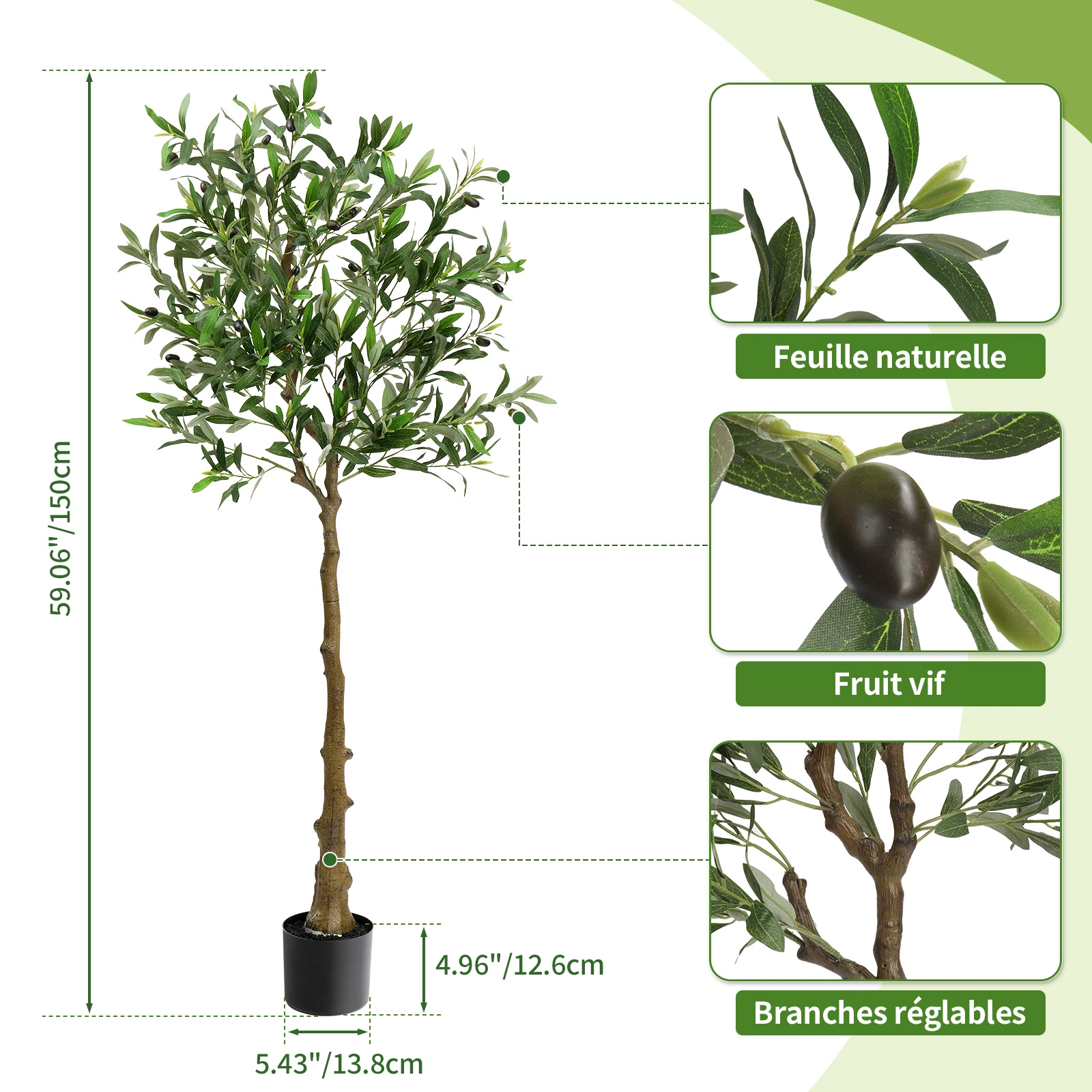 150cm Artificial Olive Tree with Silk Leaves, 650 Leaves & 26 Fruits, PVC Decorative Olive Tree for Home Garden view 2