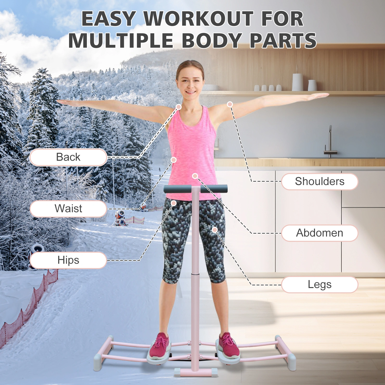 Foldable Ski Machine Simulator, 4-Level Adjustable Fitness Trainer with Non-Slip Pedal & Armrests, Pelvic Floor Exercise Equipment for Home view 2