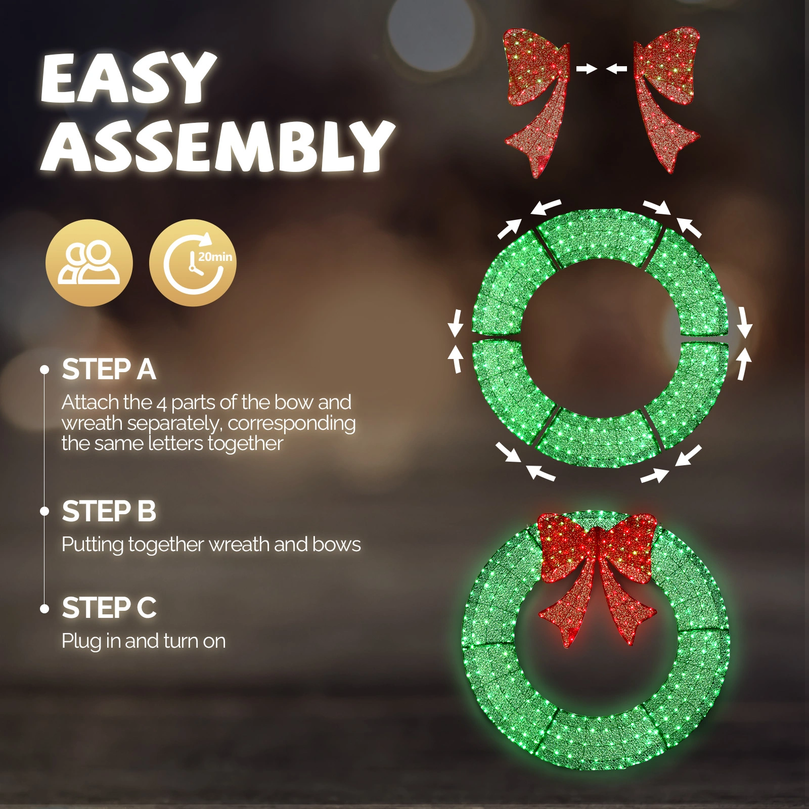 120cm Pre-lit Outdoor Christmas Wreath, Lighted Metal Wreath with Red Bow, Remote Control LED Lights Timer, Indoor Outdoor Holiday Party Decor, Green view 2