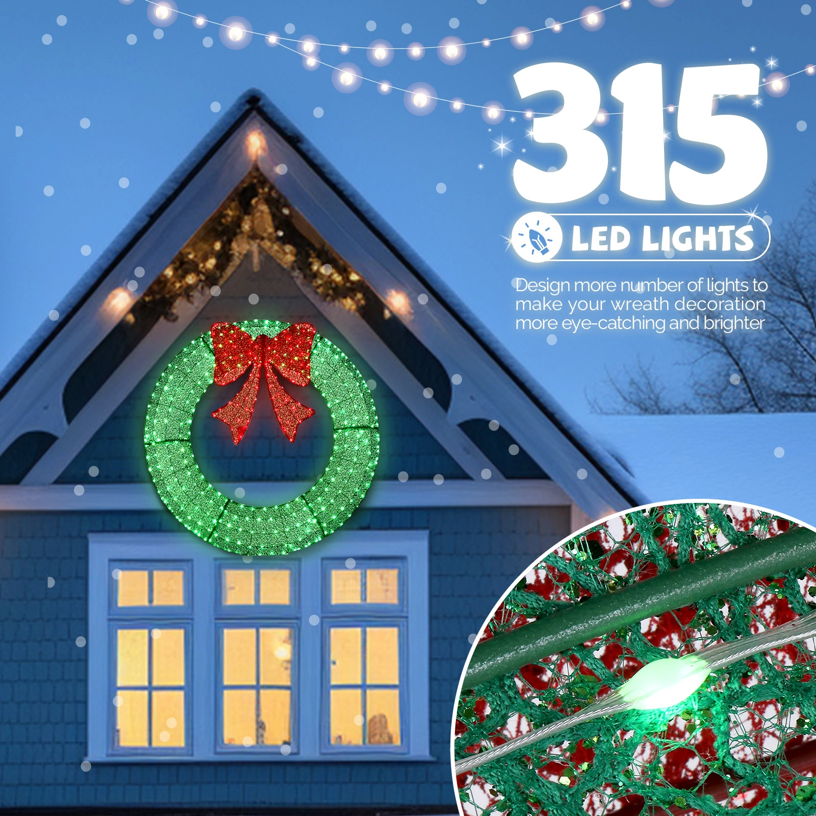 120cm Pre-lit Outdoor Christmas Wreath, Lighted Metal Wreath with Red Bow, Remote Control LED Lights Timer, Indoor Outdoor Holiday Party Decor, Green view 4