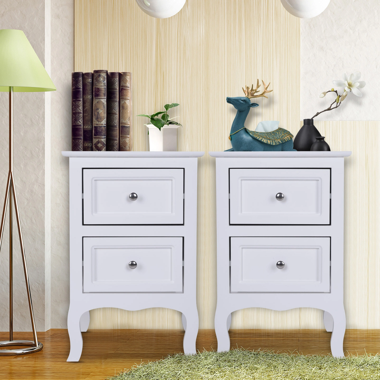 2pcs Country Style Two-Tier Night Tables, Large Size, White Finish