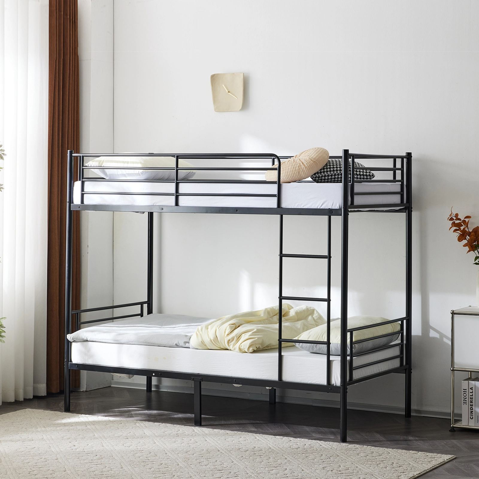 Twin Over Twin Bunk Bed, Heavy Duty Metal Loft Bed with Ladder & Full-Length Guard Rails & Storage Shelf, Black, for Kids Teens Adults view 4