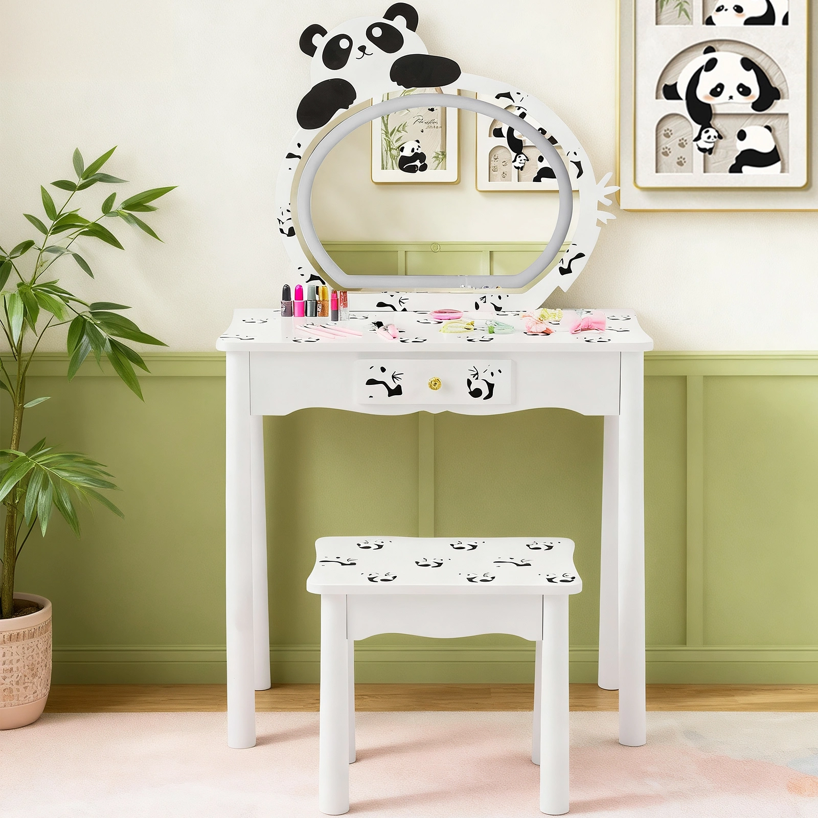 Black and white panda MDF painted finish, solid wood legs, 1-drawer children's dressing table set, LED three-color backlit touch switch
