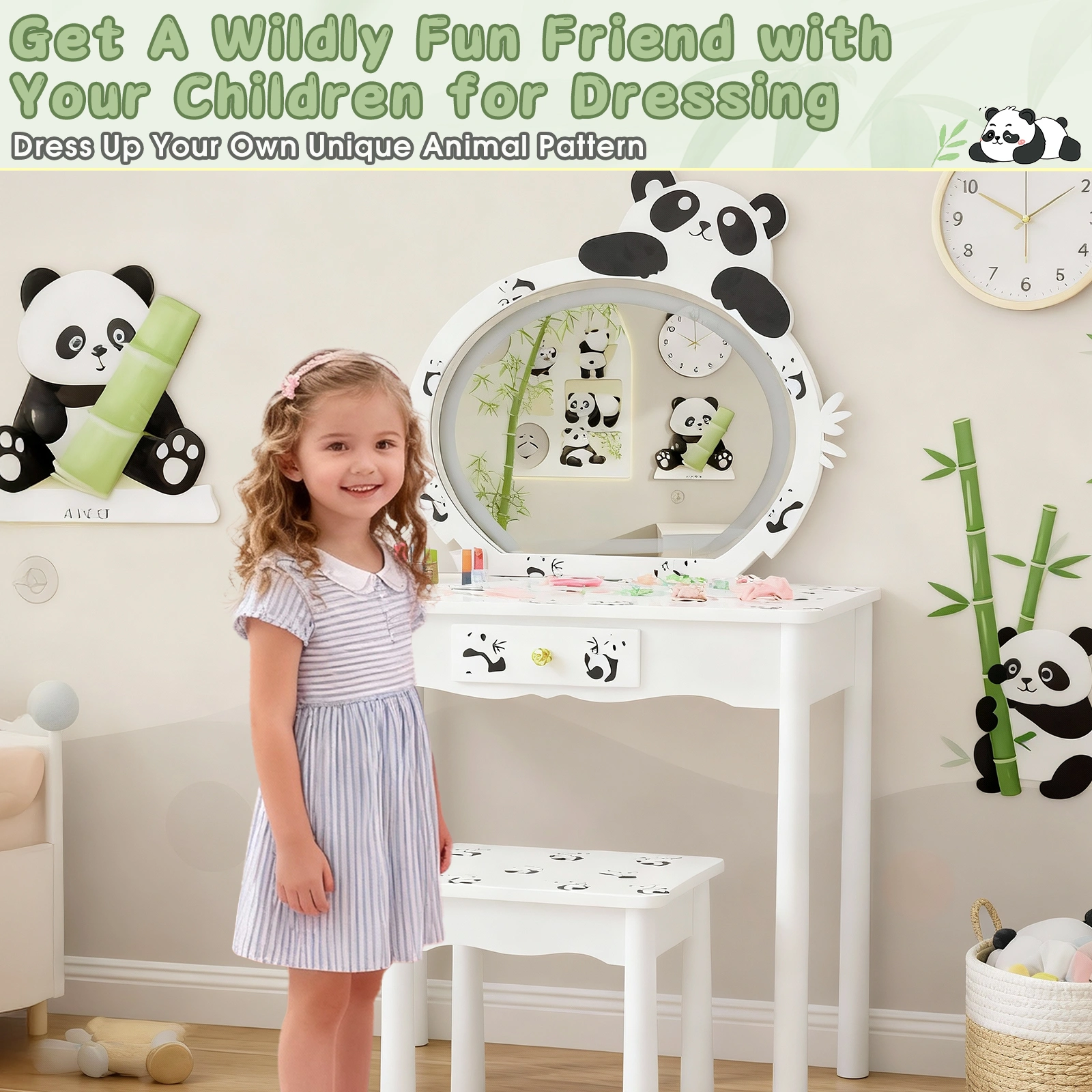 Black and white panda MDF painted finish, solid wood legs, 1-drawer children's dressing table set, LED three-color backlit touch switch view 10