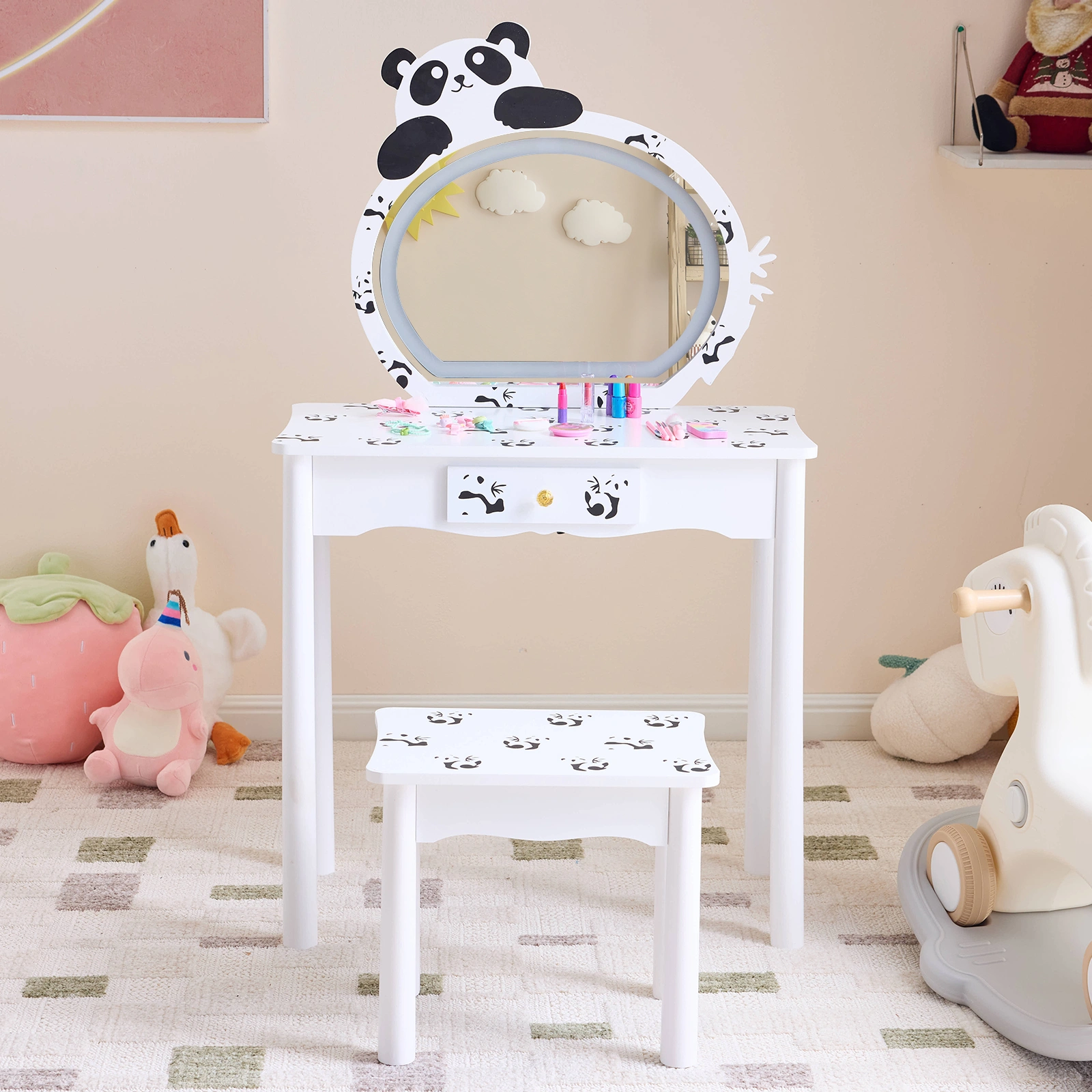 Black and white panda MDF painted finish, solid wood legs, 1-drawer children's dressing table set, LED three-color backlit touch switch view 12