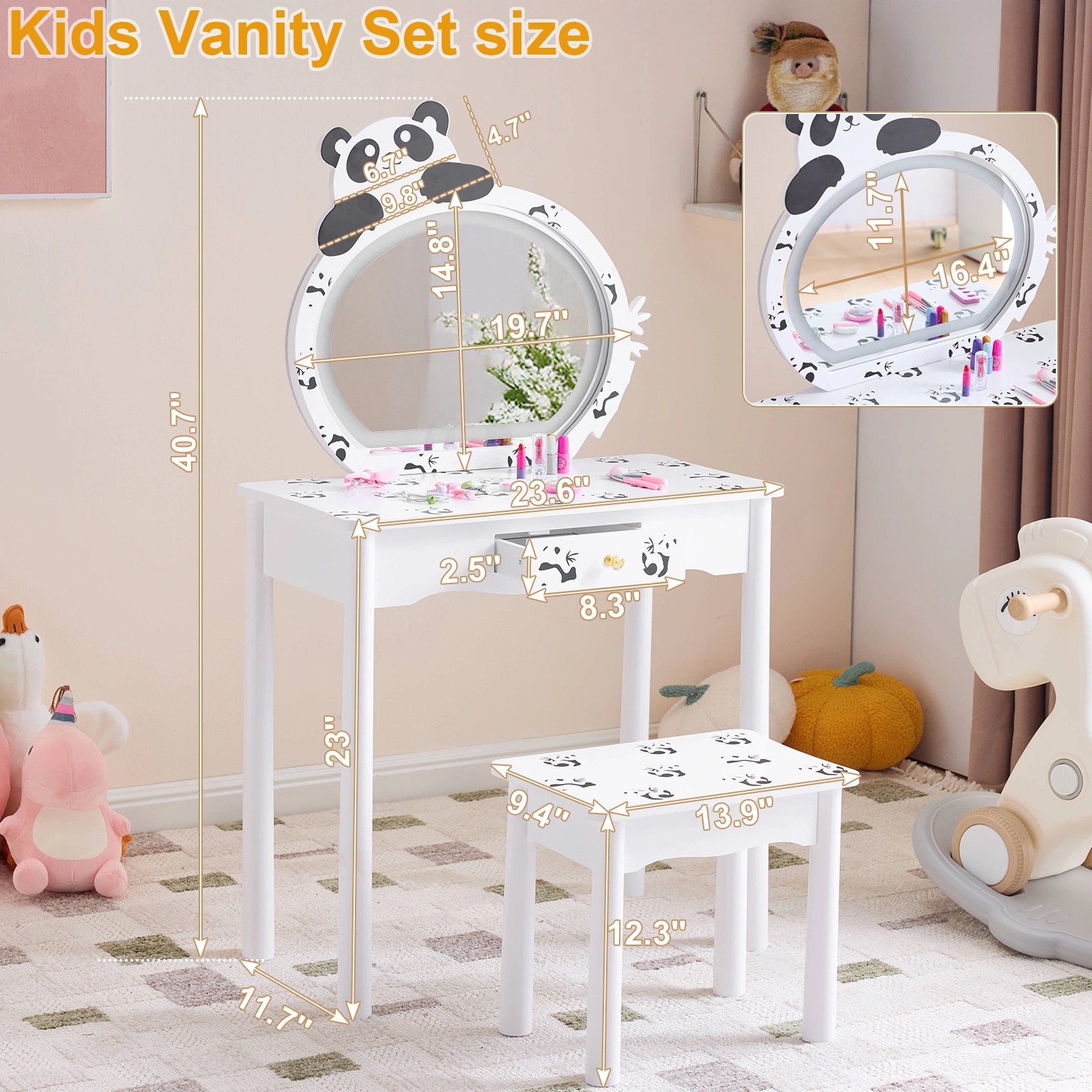 Black and white panda MDF painted finish, solid wood legs, 1-drawer children's dressing table set, LED three-color backlit touch switch view 14